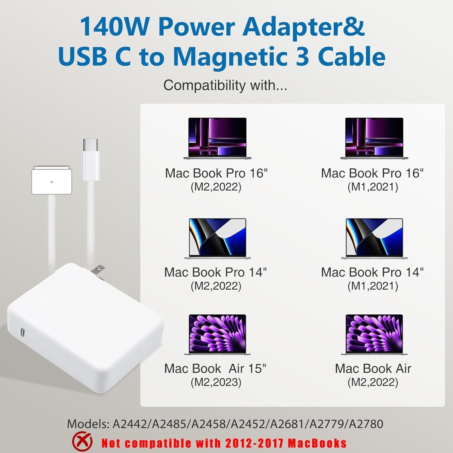140W USB-C Magnetic Charger with LED Indicators - Compatible for MacBook Models