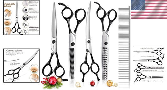 Complete Dog Grooming Shears Kit - 4 High-Quality Professional Tools in Black