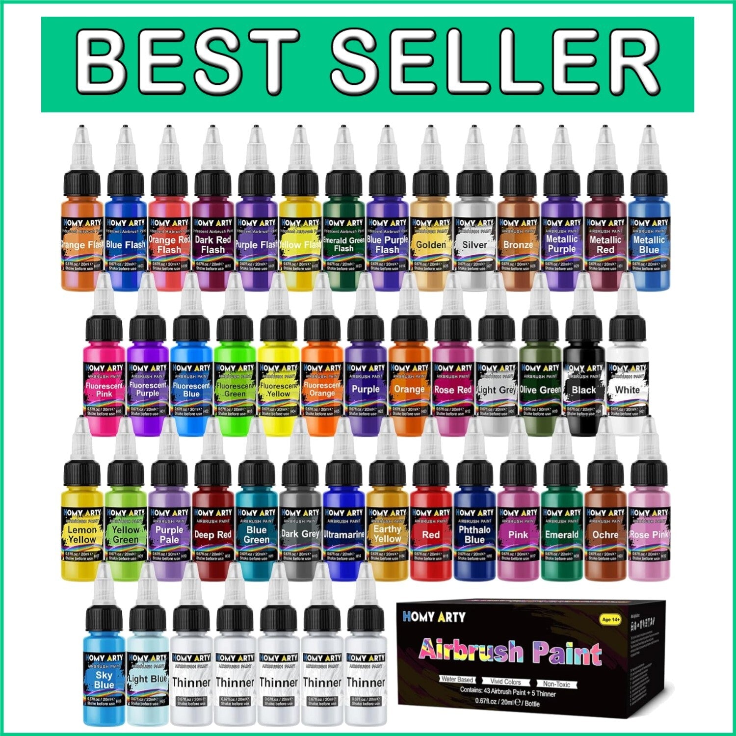 User-Friendly Airbrush Paints - 43 Colors, 5 Thinners & Great for All Surfaces