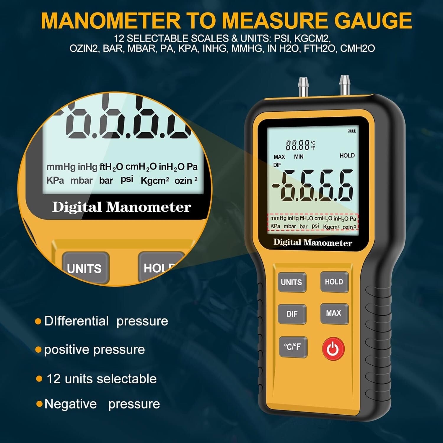 Professional Dual-Port Digital Manometer - 12 Units Gas Pressure Tester