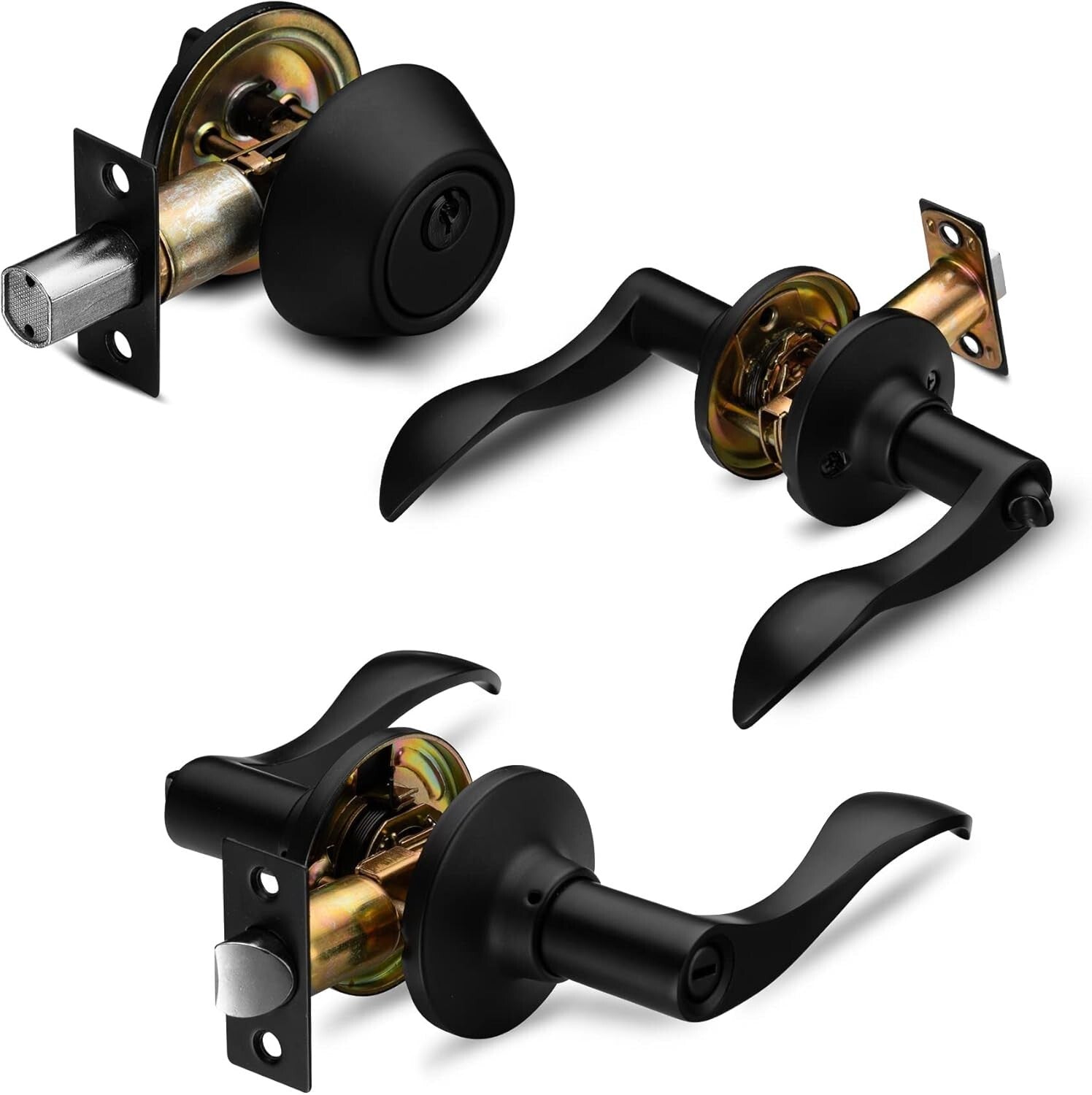 Reversible Iron Black Door Handle with Deadbolt Keyed Alike - Easy Install