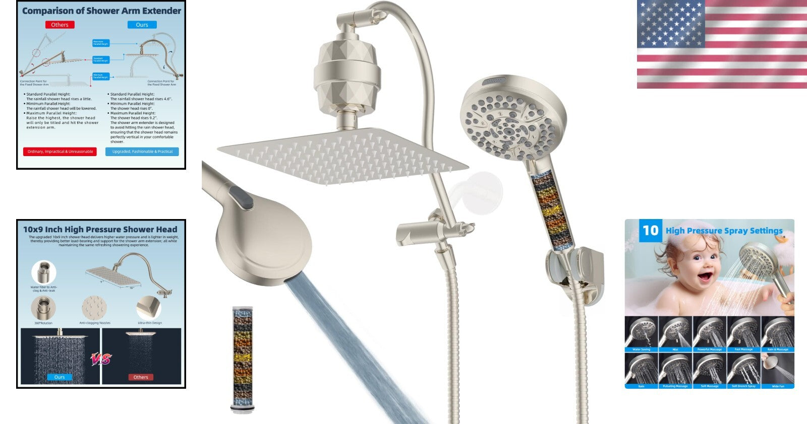 Filtered 10'' Brushed Nickel Rainfall Shower Head Combo with 12'' Extension Arm