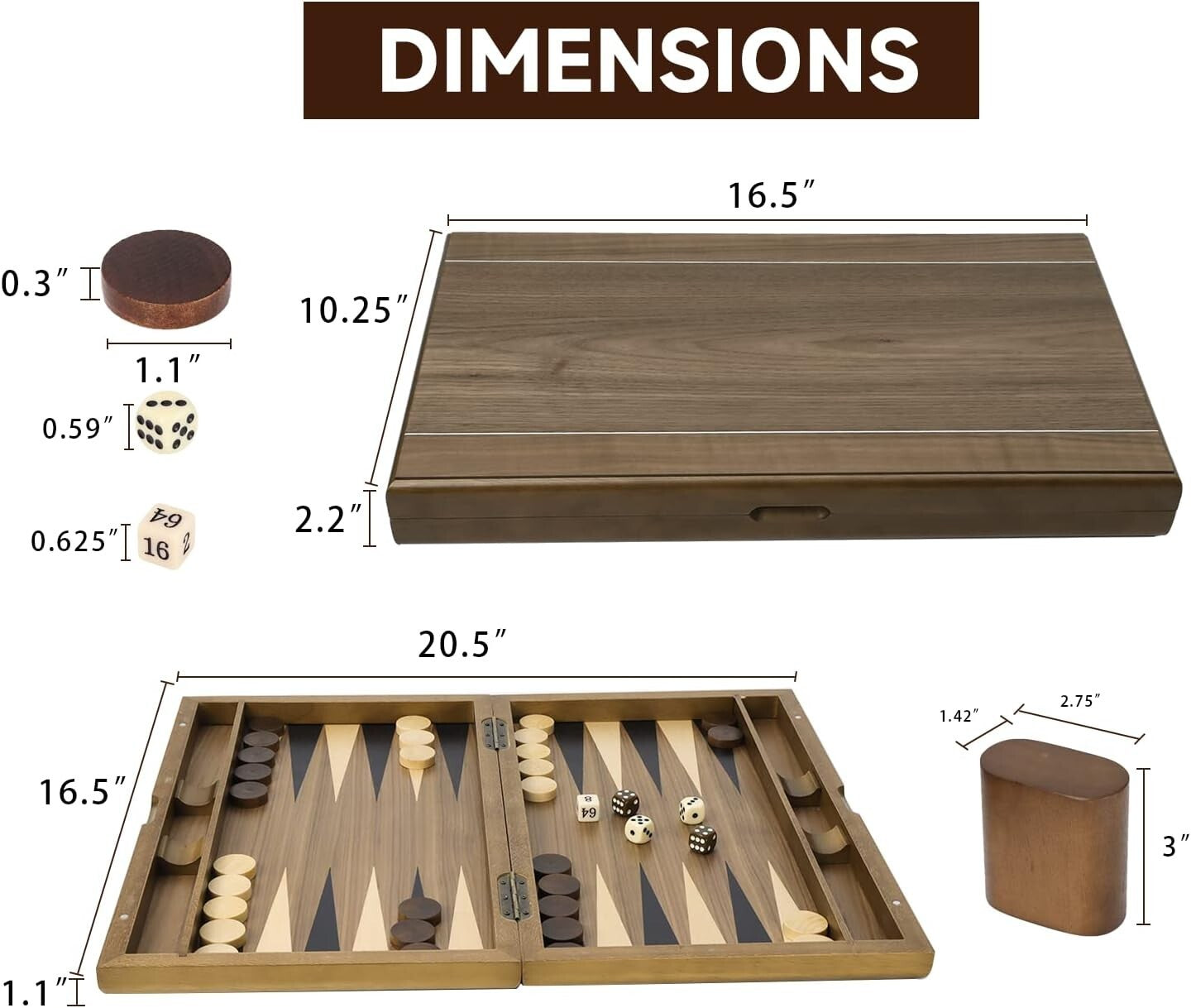 Elegant Wooden Backgammon Board - Complete 20.5" Folding Set with Pieces