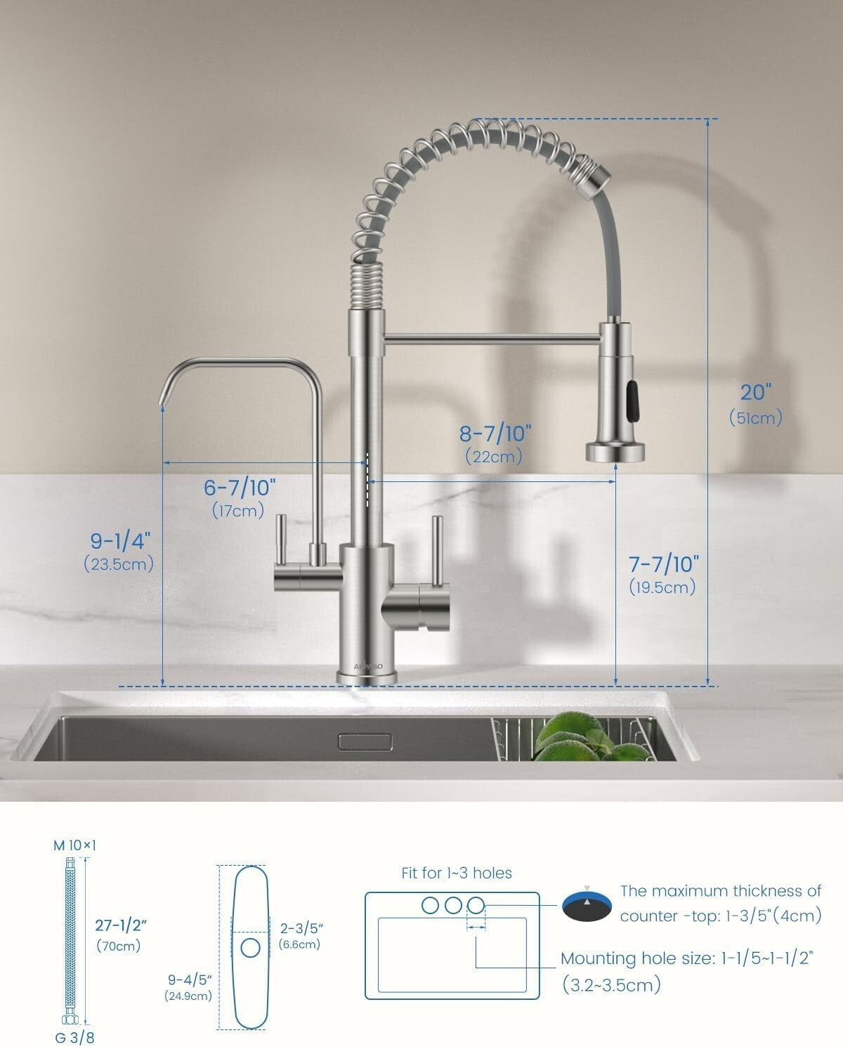3-in-1 Pull Down Kitchen Faucet with Integrated Drinking Water - Brushed Nickel