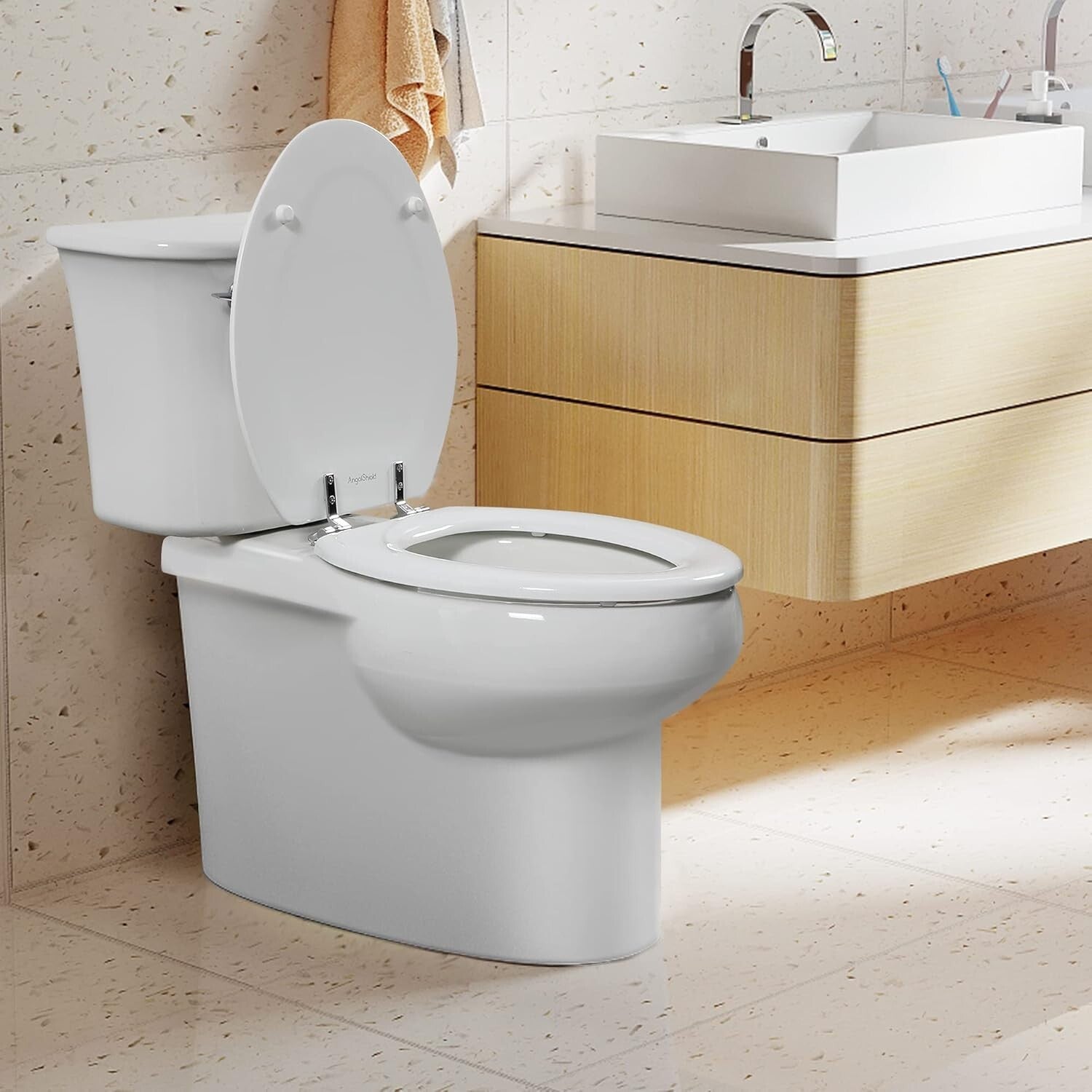 Elegant Elongated White Toilet Seat in Durable Natural Wood with Zinc Hinges