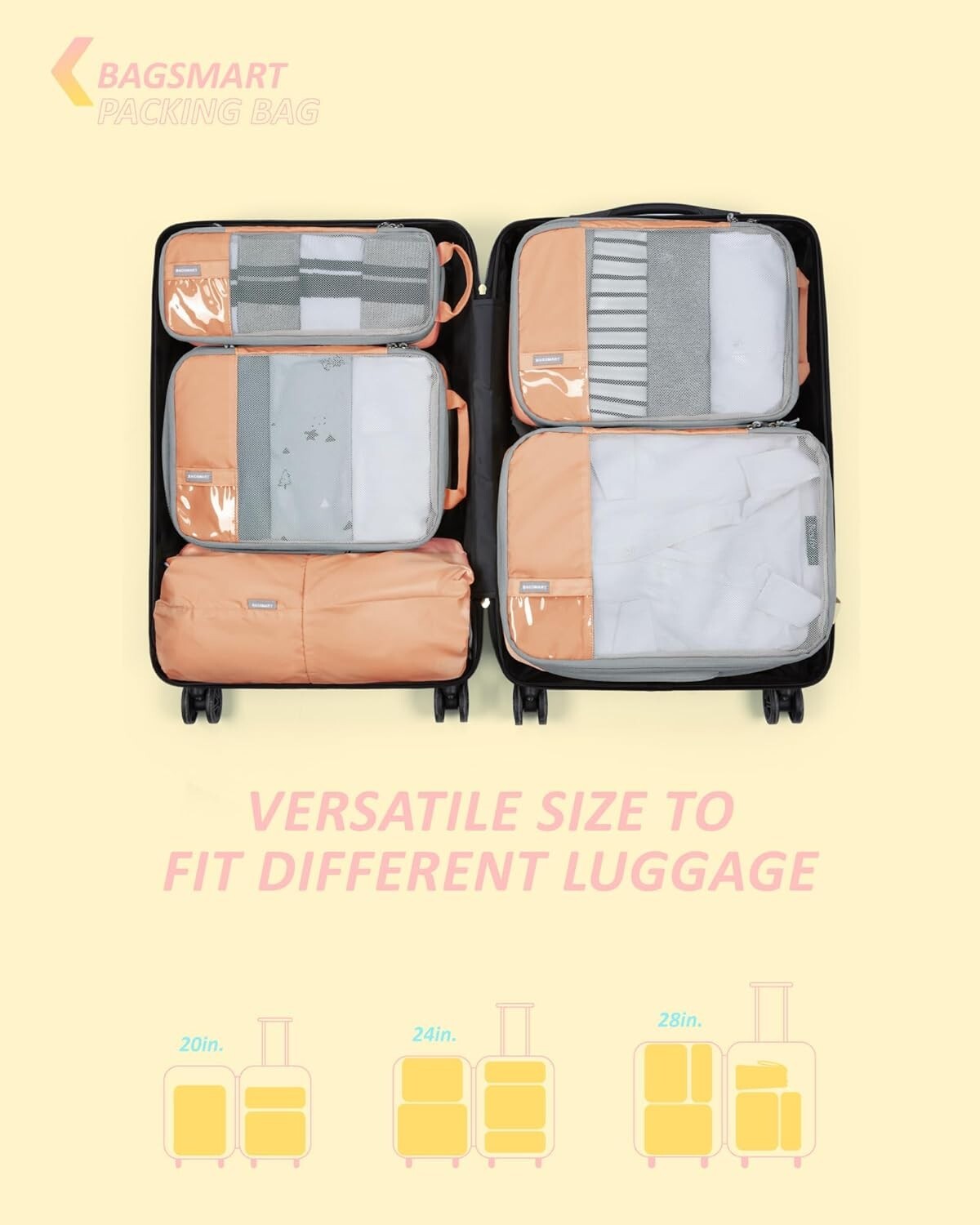 6 Set Compression Packing Cubes - Lightweight Luggage Organizer in Sunny Coral