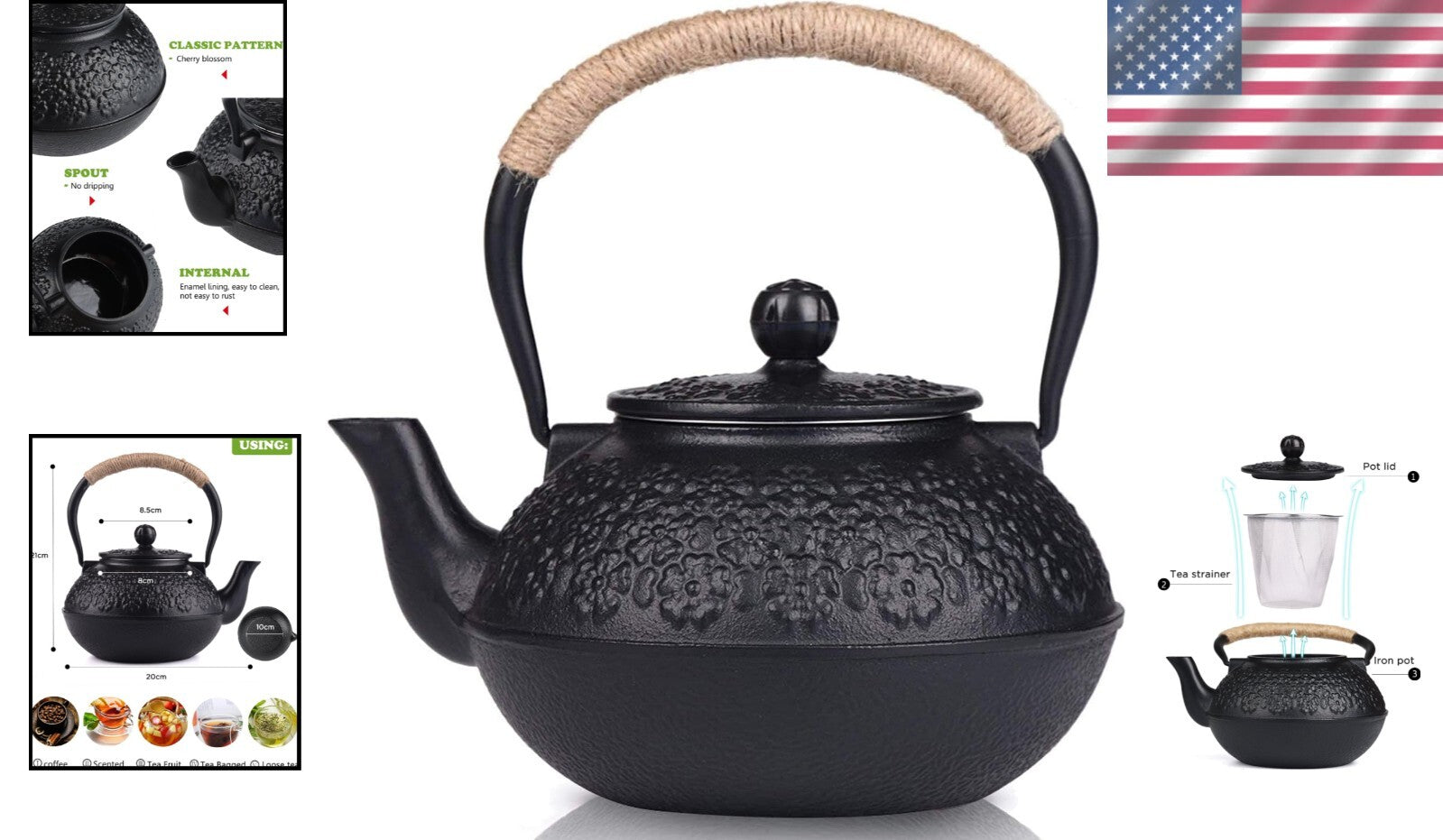 Handcrafted 1200ml Cast Iron Teapot with Enamel Interior for Flawless Brewing
