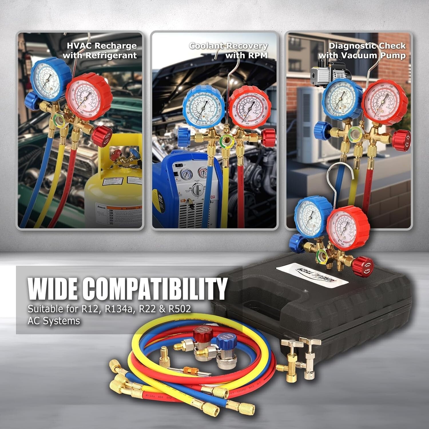 Professional 3-Way A/C Manifold Gauge Set for R134A R12 R22 R502 Refrigerants