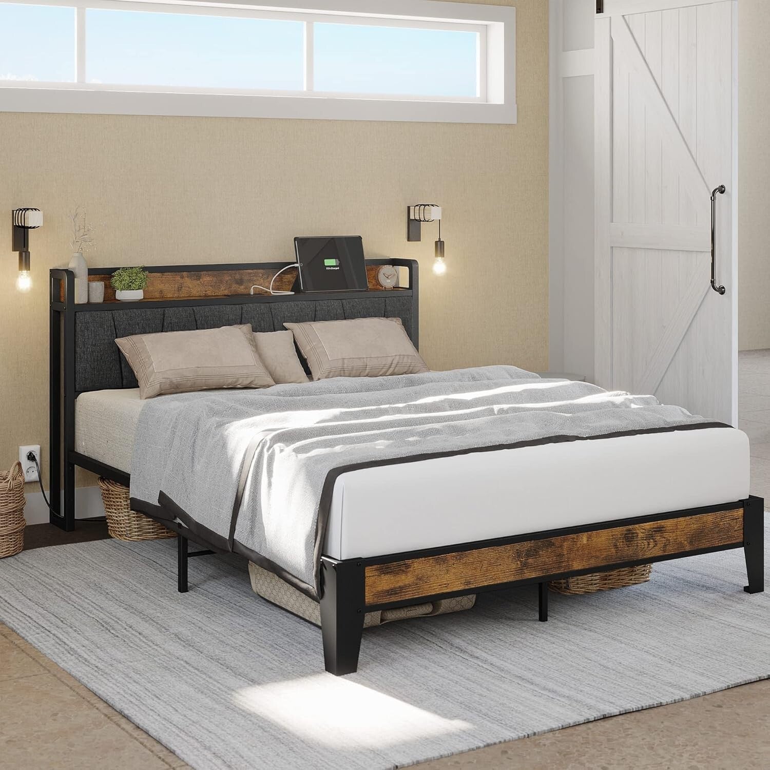 Durable Full Bed Frame with Noise-Free Storage Headboard & USB Charging Ports
