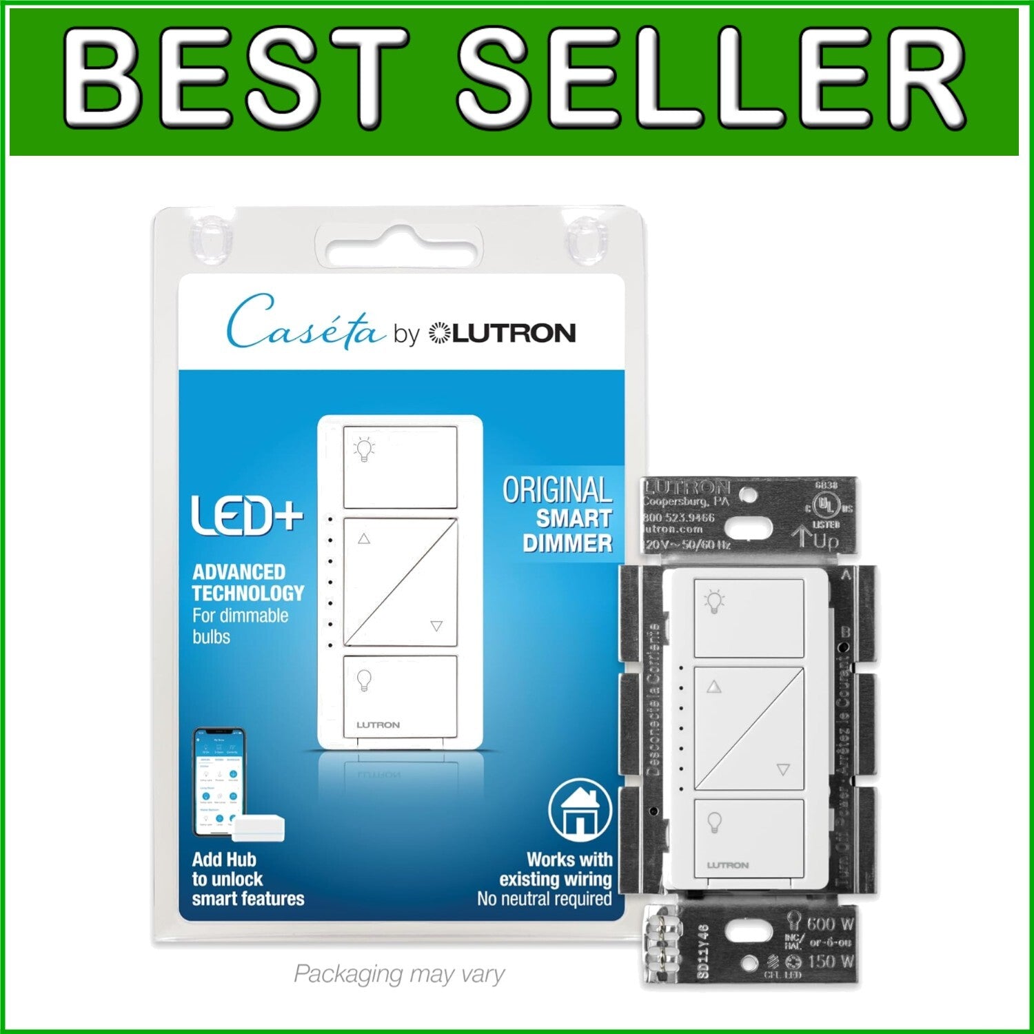 Caseta Original Smart Dimmer - Control Lights Wirelessly, White, 3-Way Setup