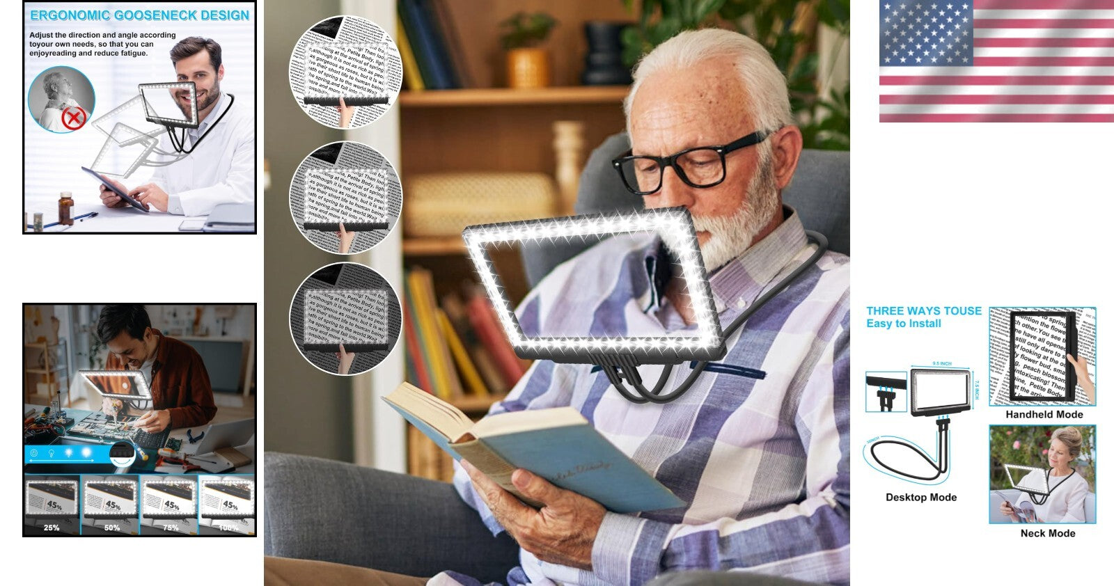 5X Hands-Free LED Magnifying Glass with Flexible Neck - Perfect for Reading