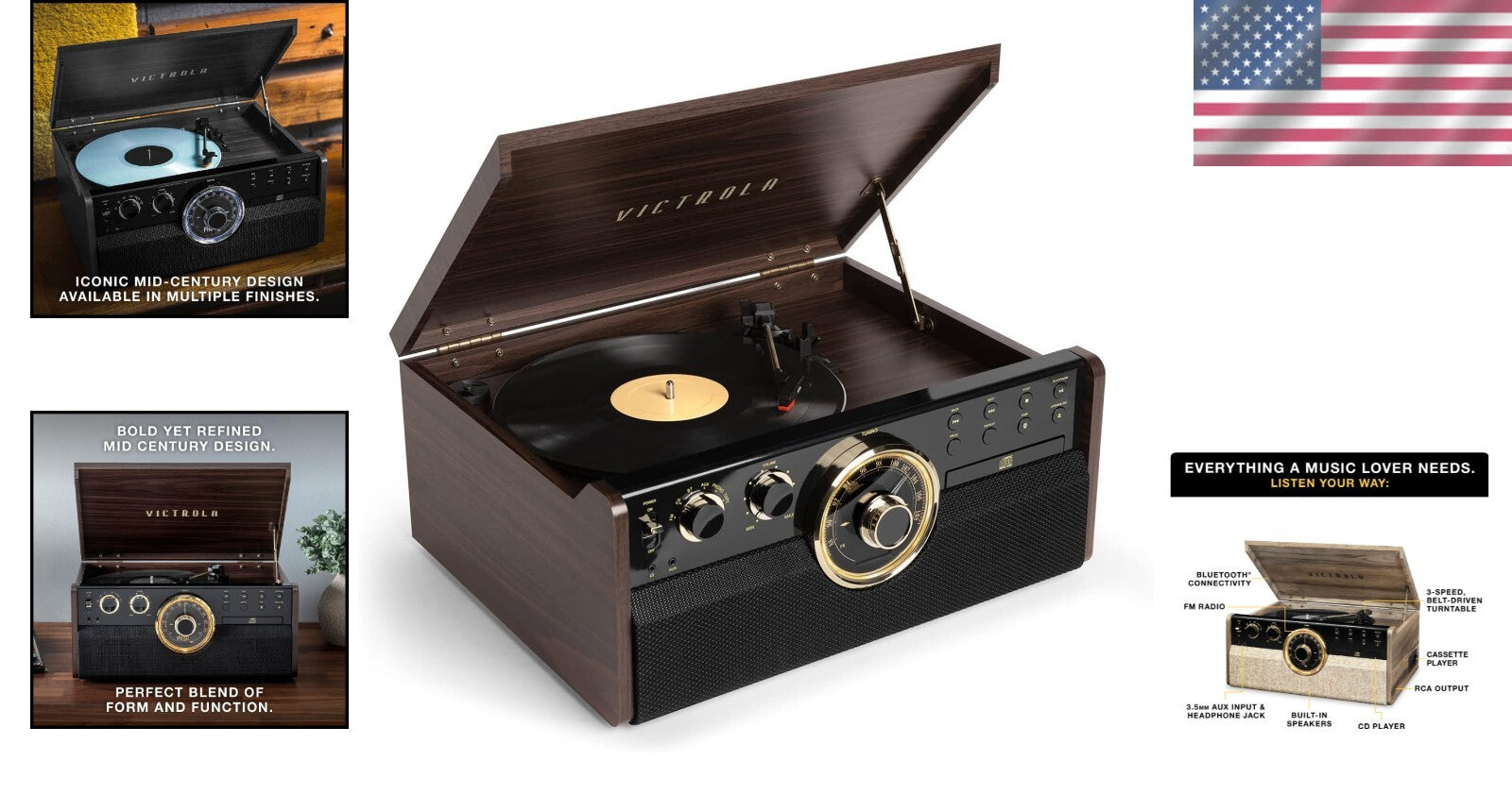 Elegant Espresso 3-Speed Turntable & Multimedia Center with Cassette & CD Player