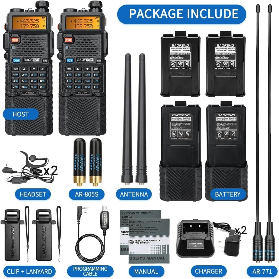 High Power UV-5R Handheld Radio: 8W Transmission, USB Charging + Earpiece Bundle
