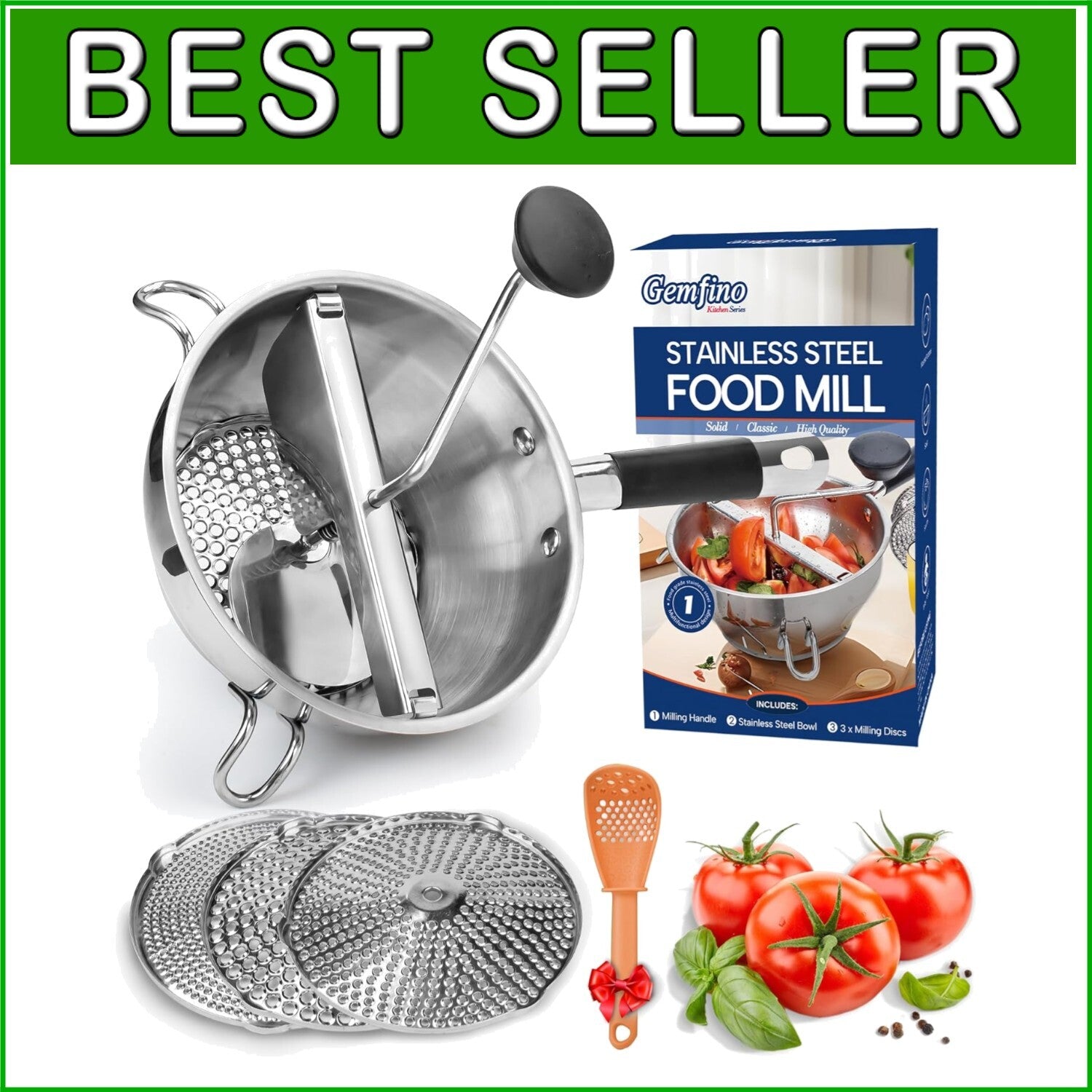 Durable Stainless Steel Food Mill with Three Milling Discs & Non-Slip Design