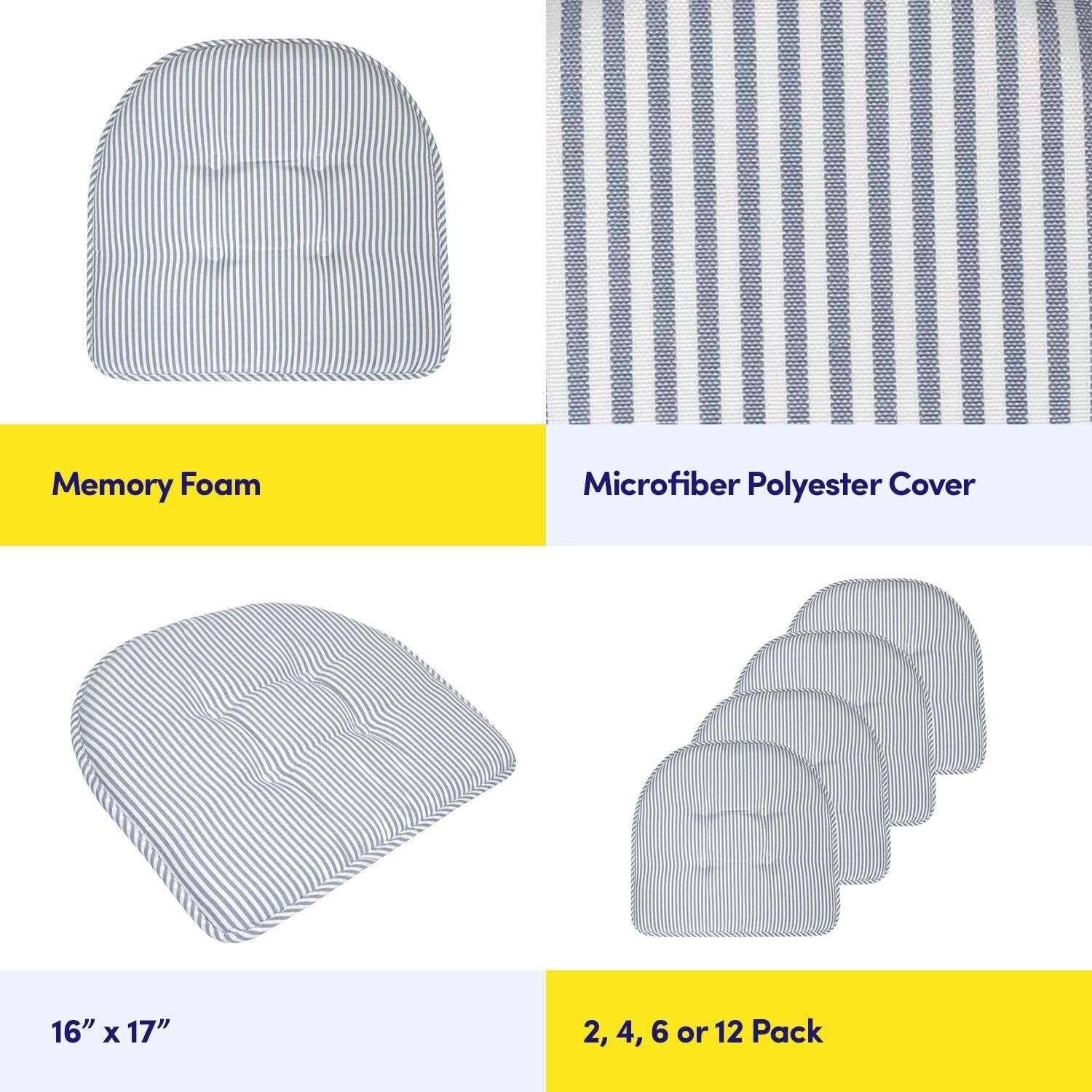 Elegant U-Shaped Memory Foam Seat Cushions - 17" x 16" 6 Pack in Pinstripe Blue