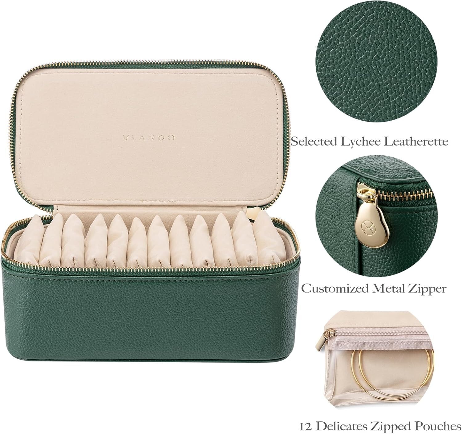 Faux Leather Travel Jewelry Box - 12 Convenient Zipped Pouches for All Jewelry