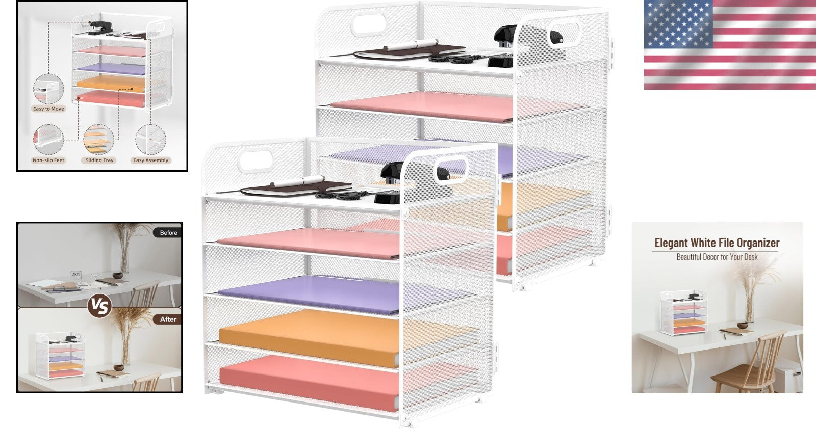 Chic 5-Tier Letter Tray Desk Organizer - Elegant White Metal for School & Office