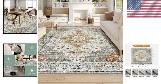 Large 9' x 12' Washable Vintage Rug with Non-Slip Backing for Living Spaces