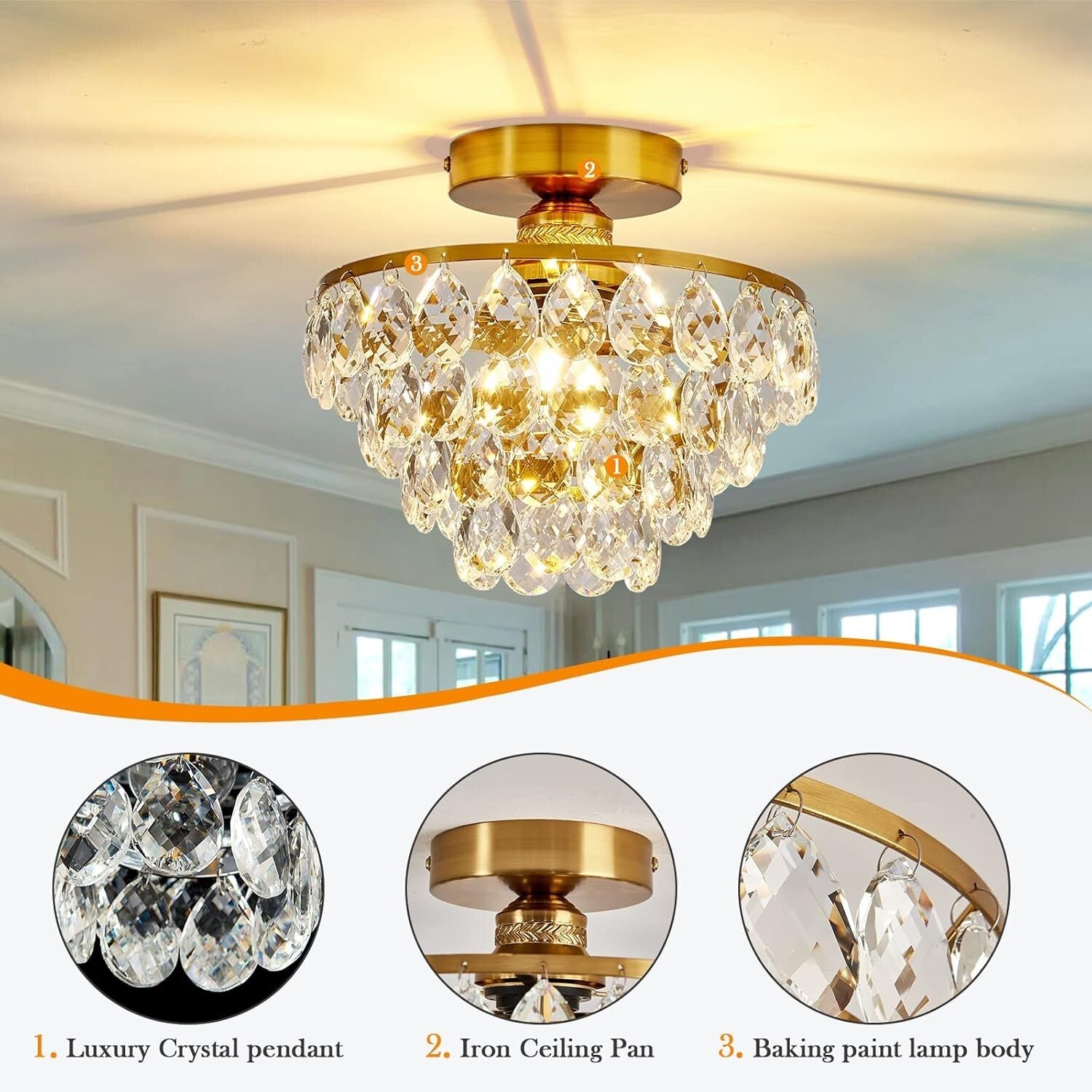Elegant Gold Crystal Chandelier Semi-Flush Mount Light for Modern Interiors