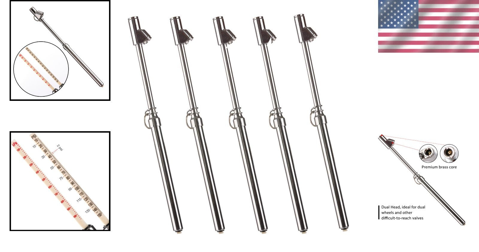 Precision Tire Pressure Gauge Set - Straight Head Chucks 10-150 PSI, 5 Units