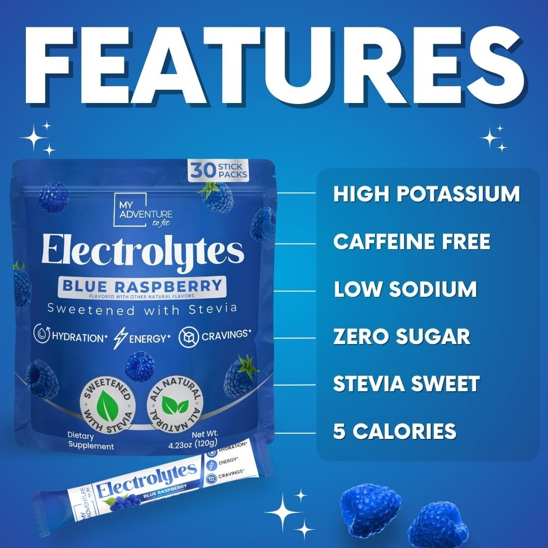 Caffeine-Free Blue Raspberry Electrolytes Powder - 30 Pack for Refreshing Energy