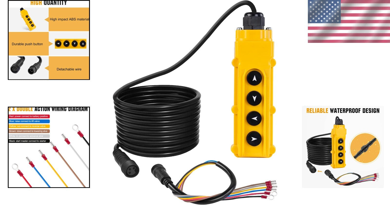 4-Way Push Button Hoist Crane Remote Switch with 15FT Cord for 12V Control