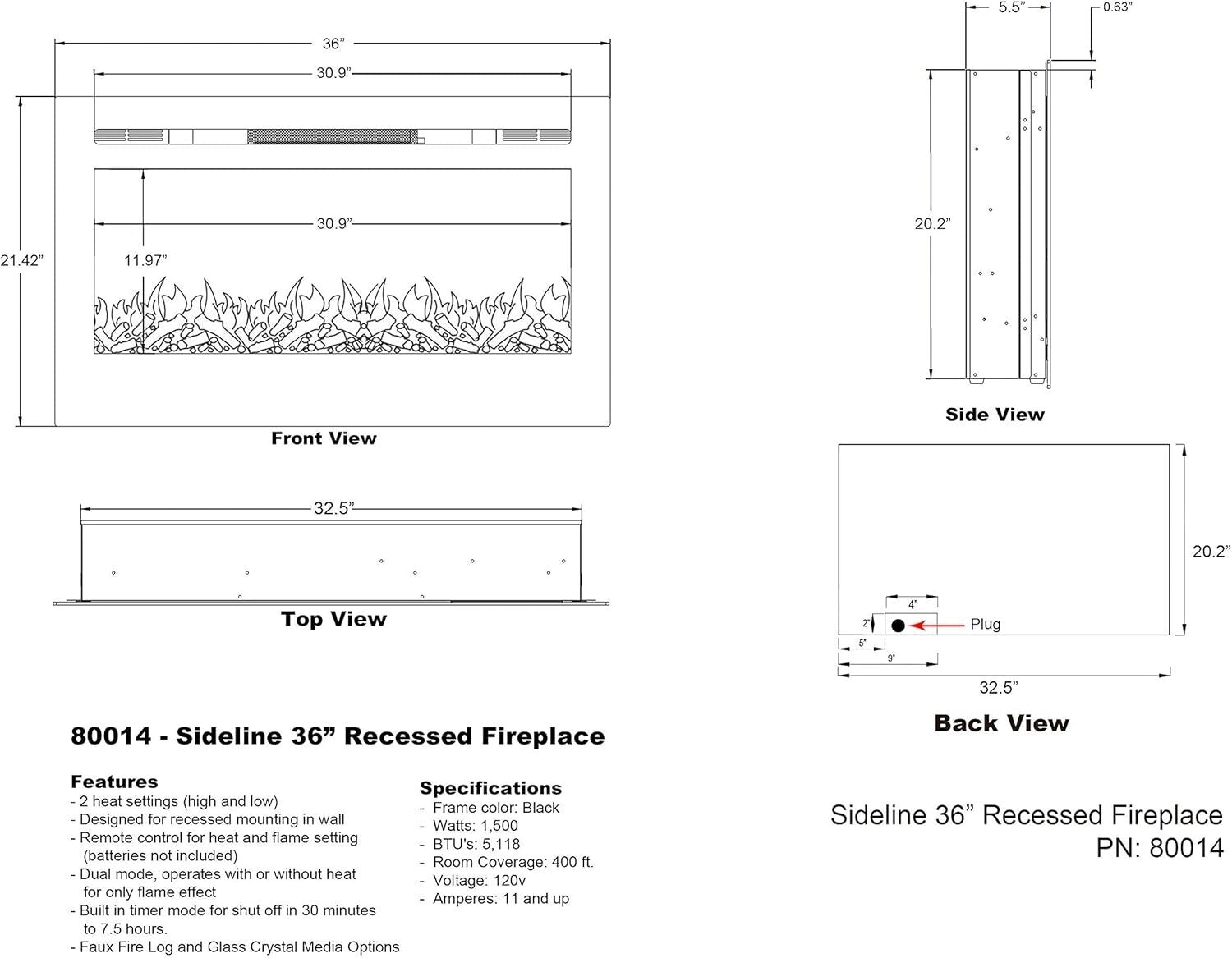 Smart Electric Fireplace 36" – Chic Wall Recessed with Alexa & 30 Flame Options