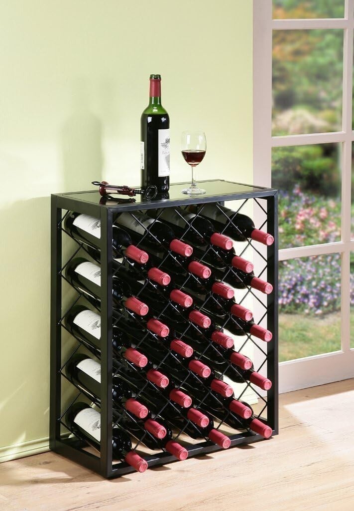 Modern Free-Standing Wine Rack with Tempered Glass Top - Holds 32 Bottles