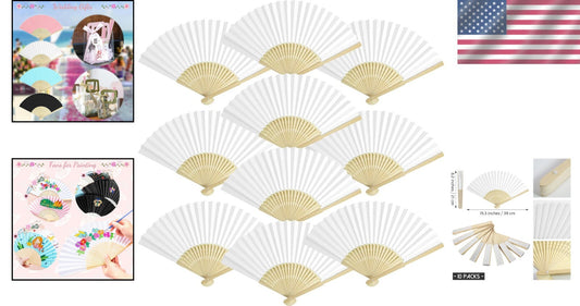 100 Elegant White Bamboo Folding Hand Fans for Weddings & Parties - 8.2"