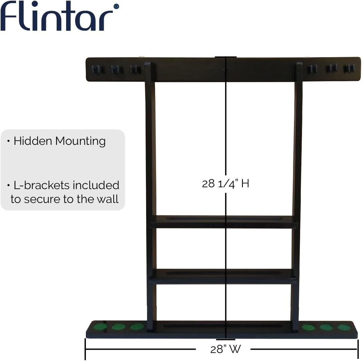 Elegant Black Wall Mount Cue Rack - Holds 6 Cues & 16 Balls - Easy Installation