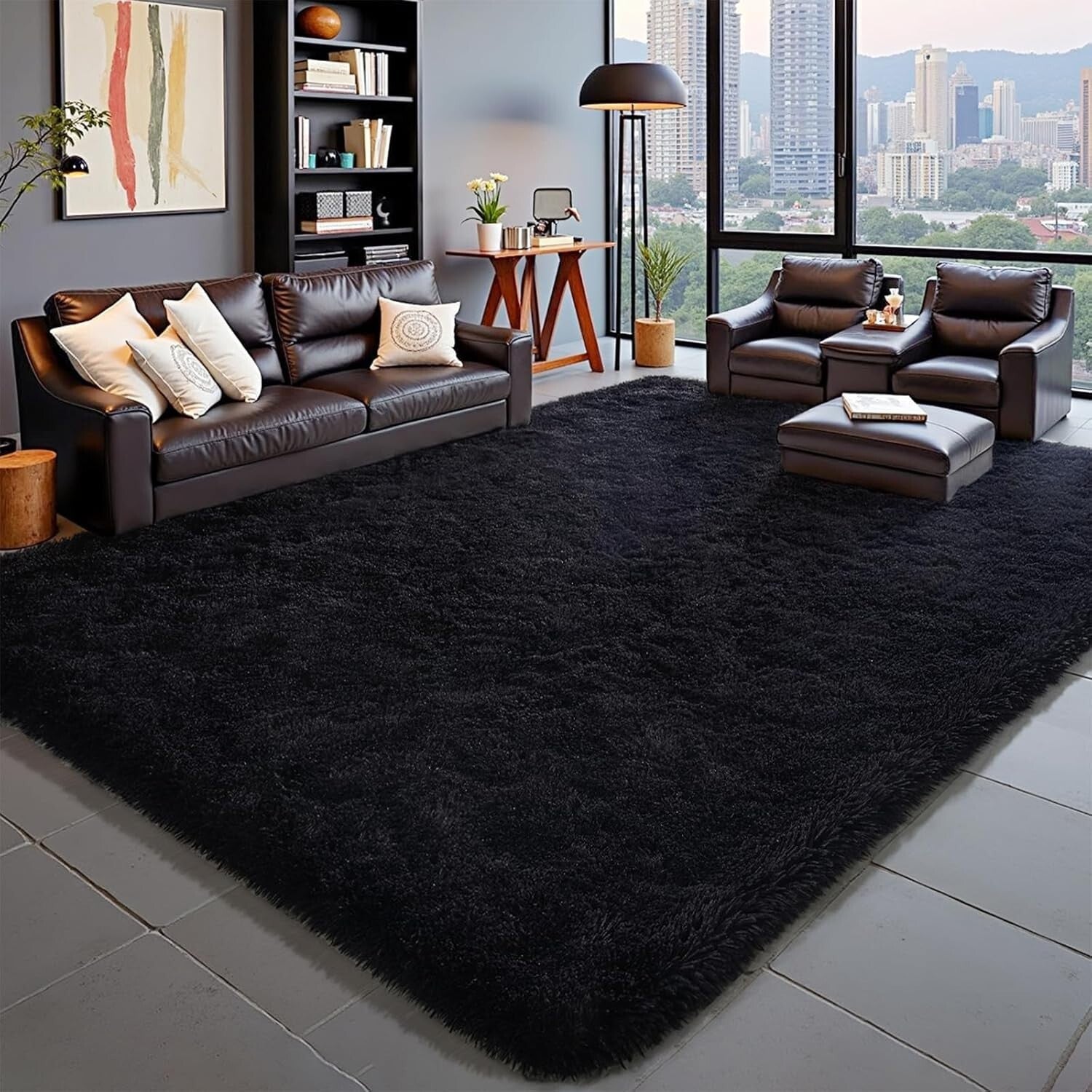 Fluffy Black Area Rug 6' x 9' - Machine Made Soft Rug for Kids & Living Rooms
