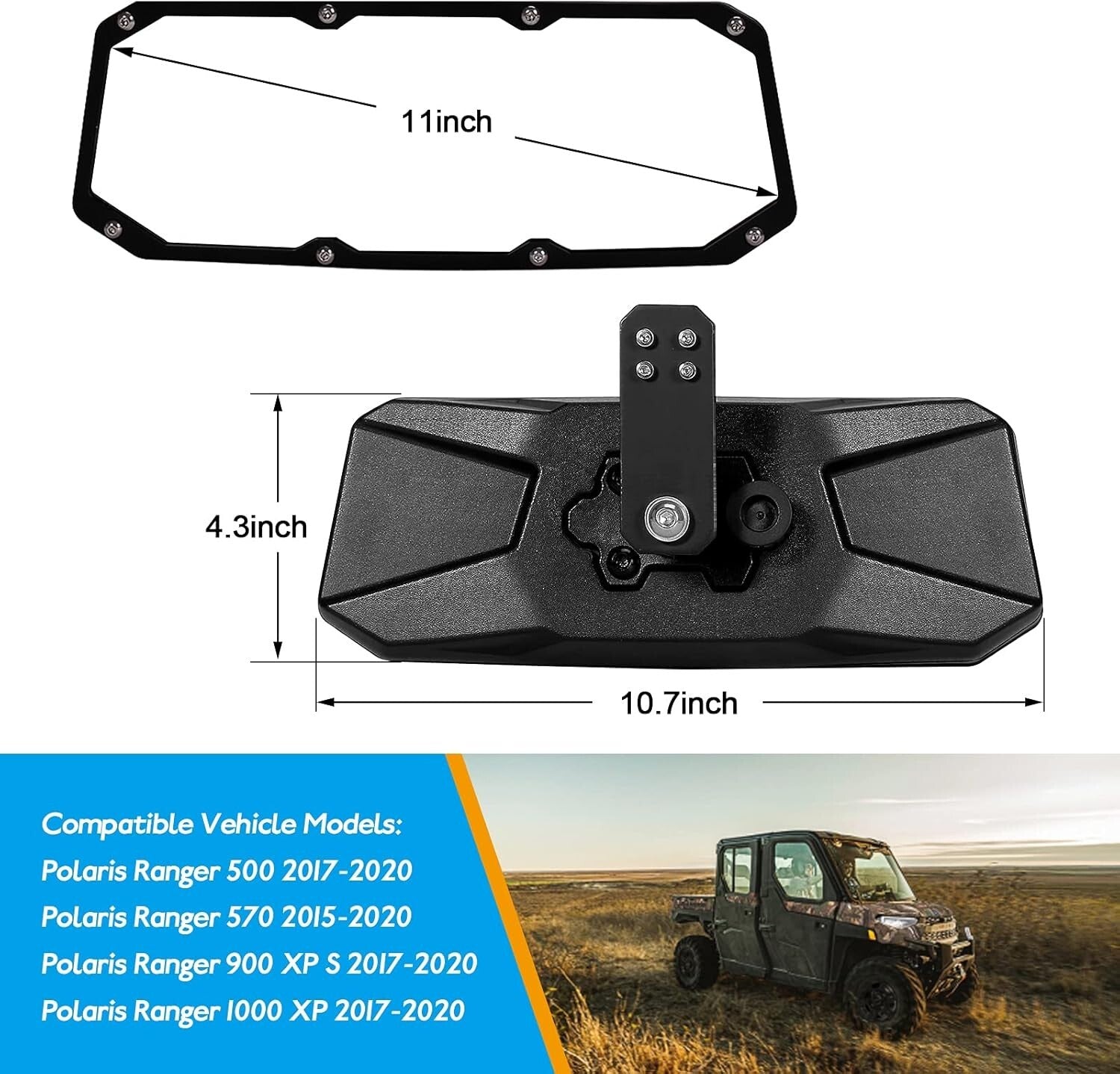 Adjustable UTV Side Mirrors & Rear View Mirror Set for 2015-2024 Polaris Rangers