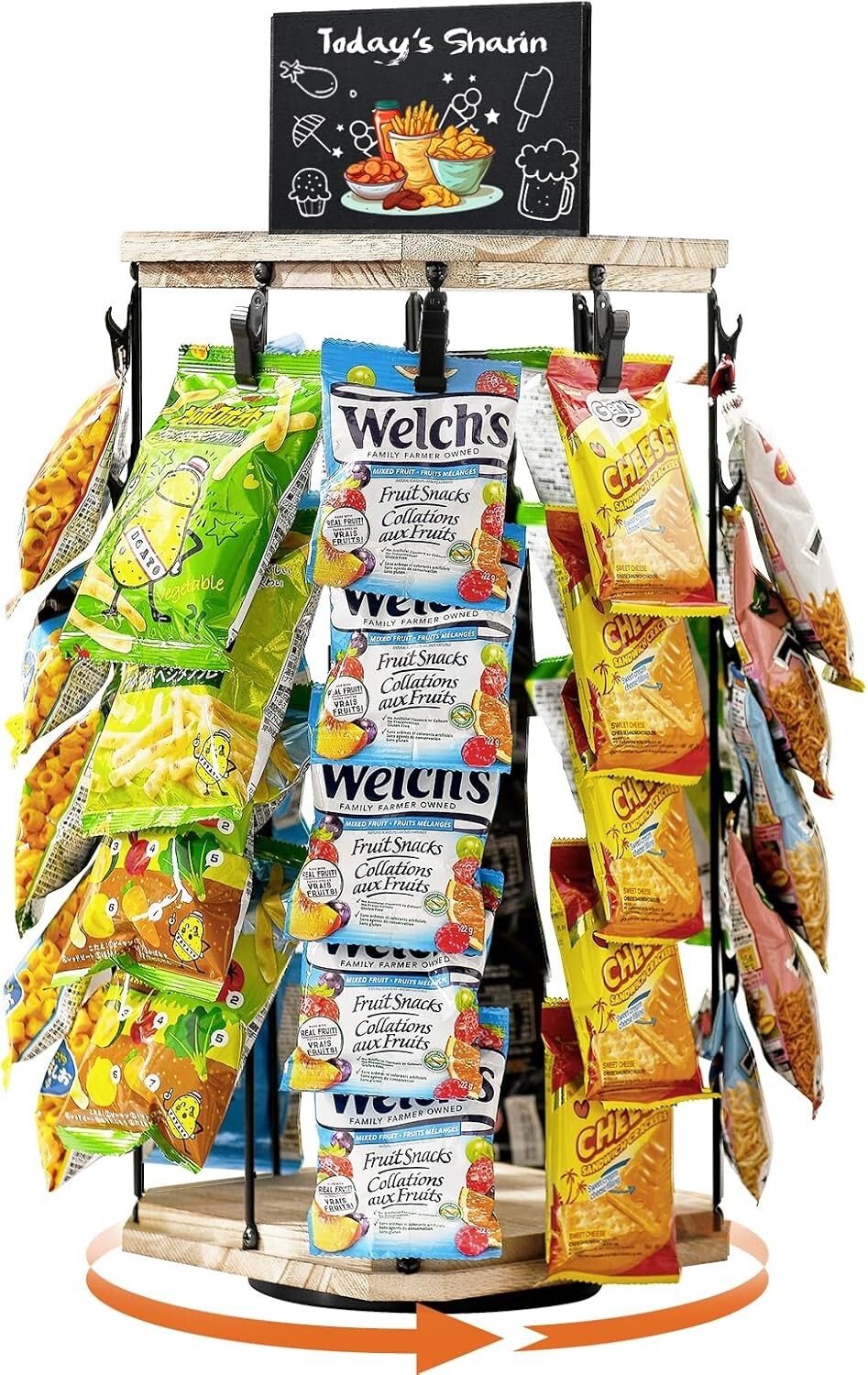 Stylish Wooden Chip Display Rack with 40 Clips and Message Board - 360° Access