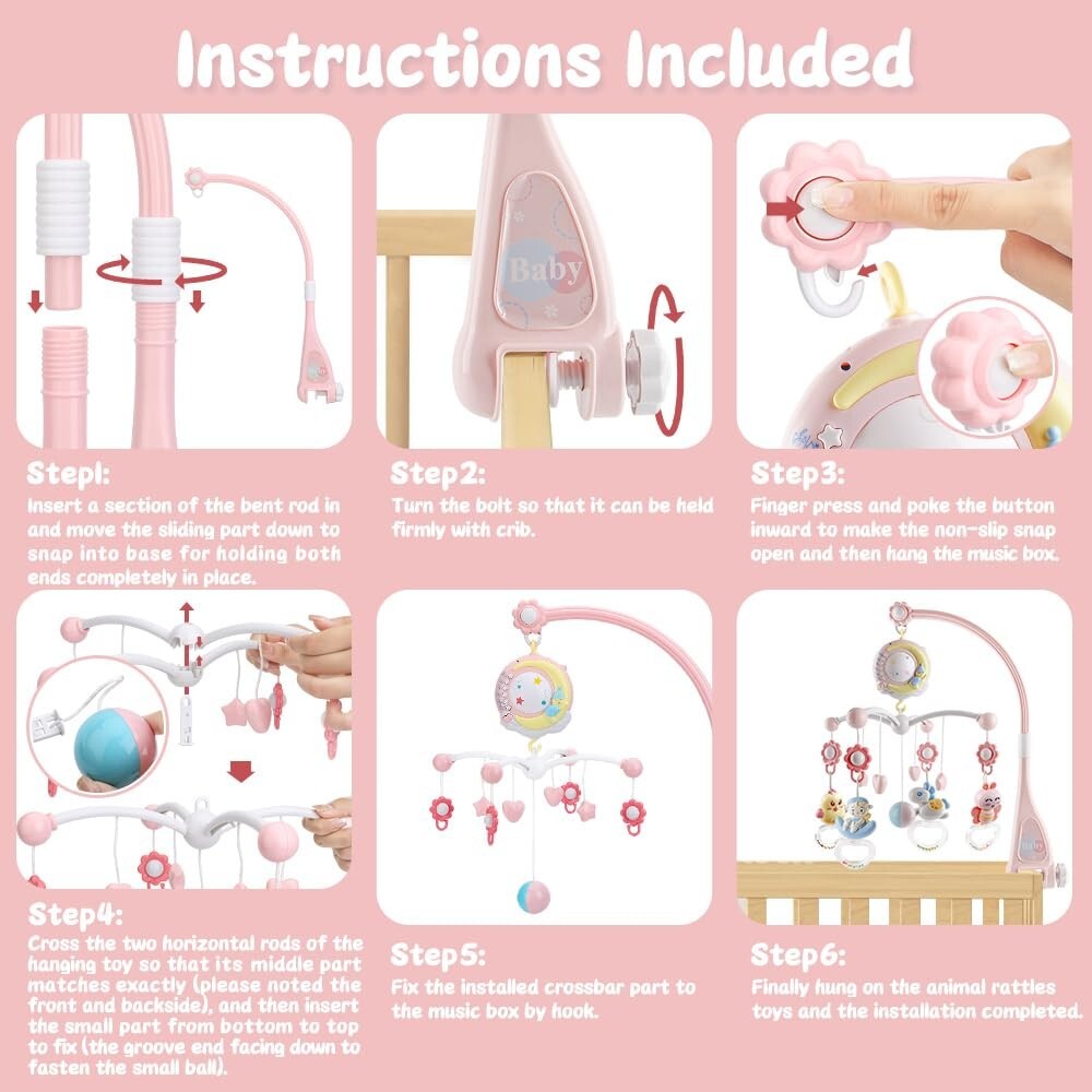 Delightful Crib Mobile with Light Up Projector & Rotating Rattles for Newborns