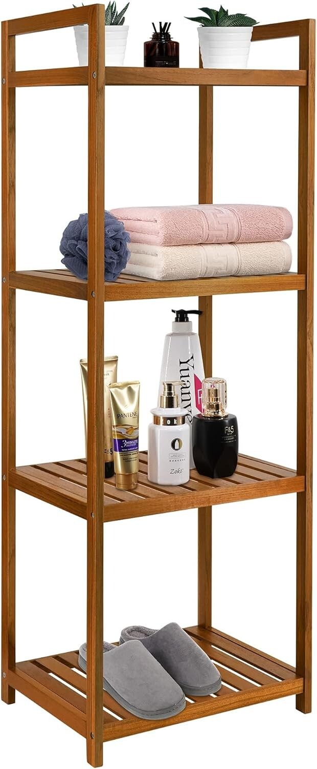 Elegant Freestanding Teak 4-Tier Bathroom and Kitchen Shelf - Easy Assembly