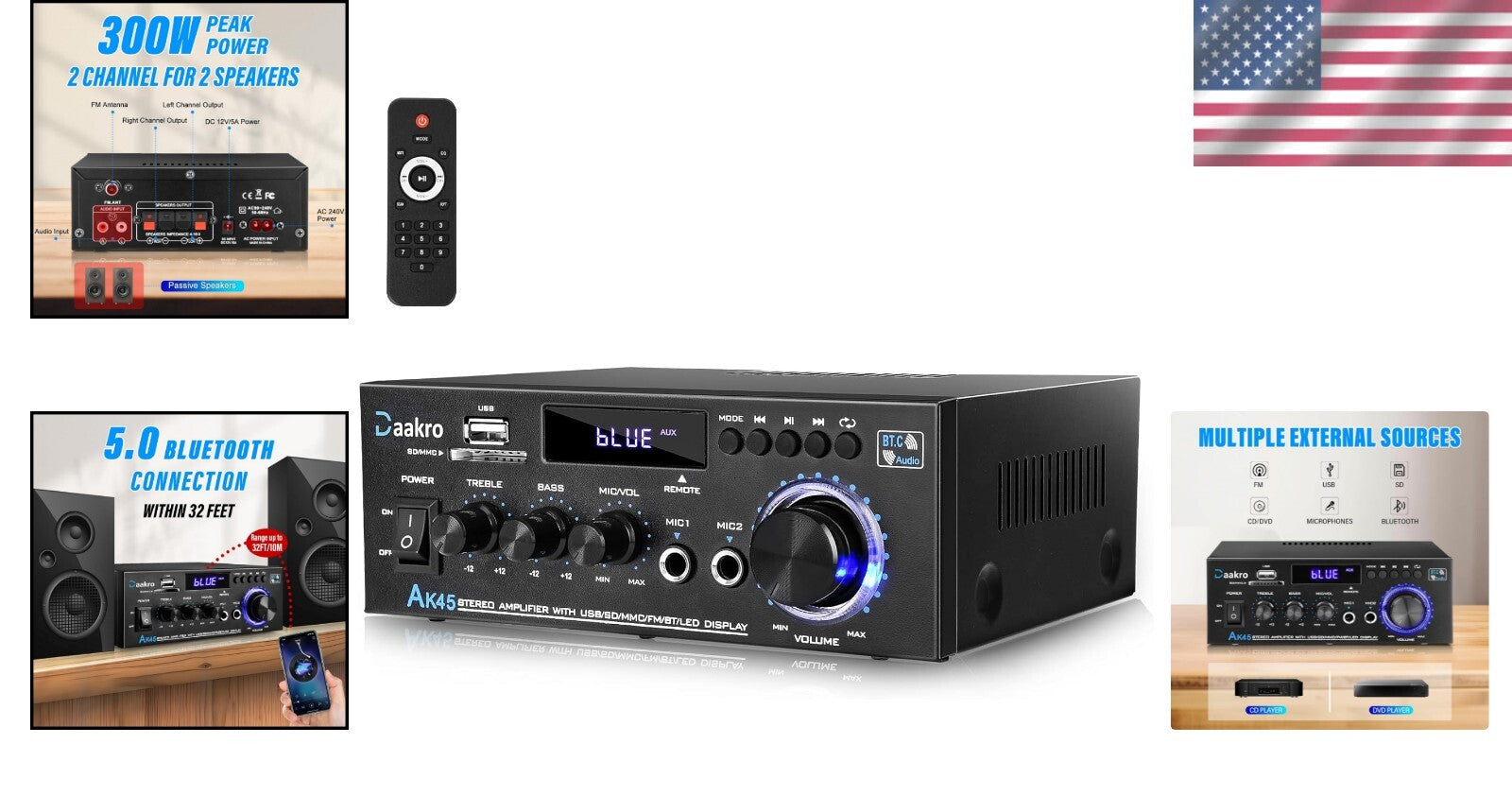 300W Bluetooth 5.0 Stereo Audio Amplifier with USB/SD for Home Theater