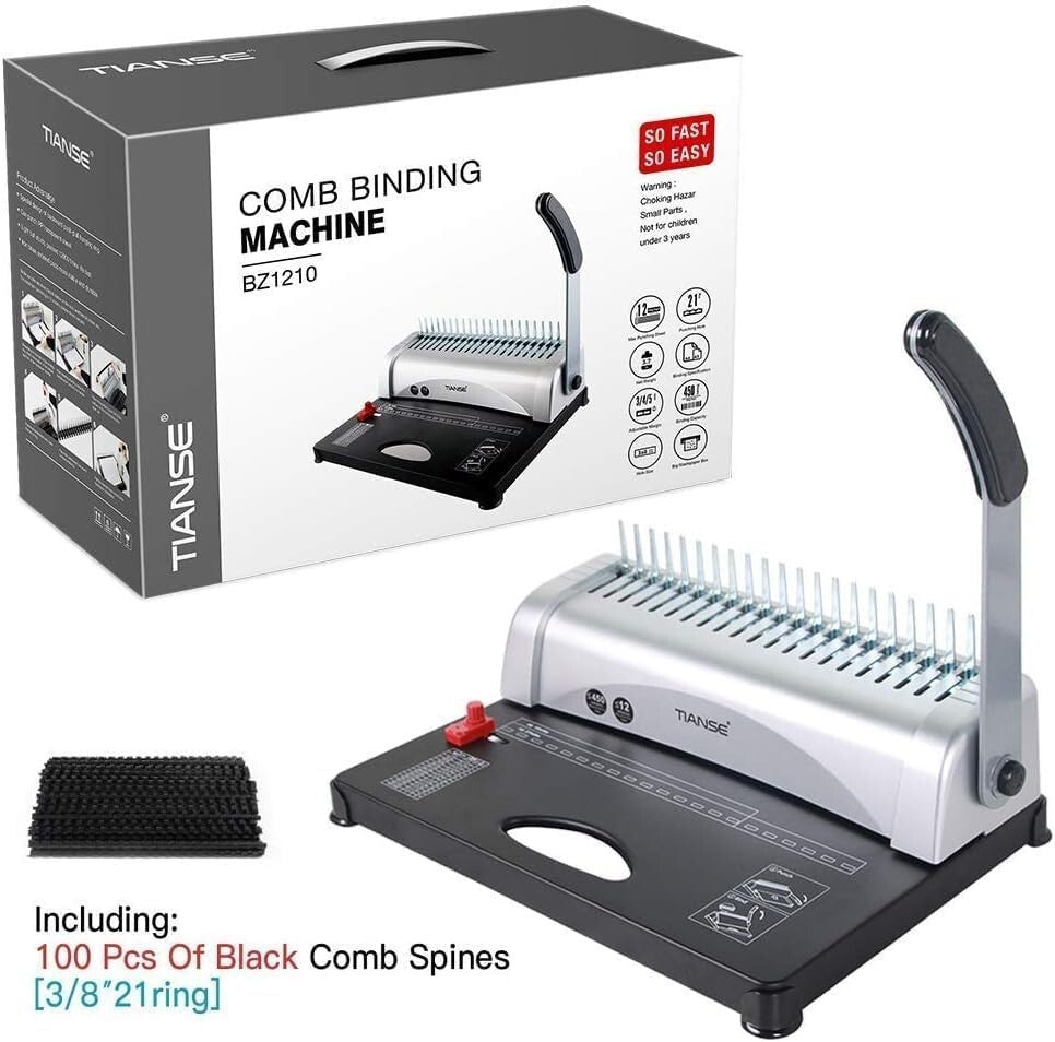 21-Hole Binding Machine with 100 PCS 3/8'' Comb Spines - 450 Sheet Capacity