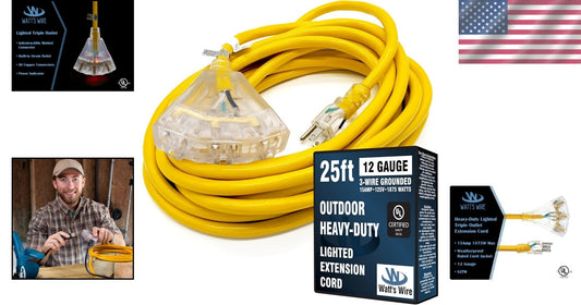Flexible 25 ft SJTW Extension Cord - 12 Gauge, 3 Outlets, Perfect for Appliances
