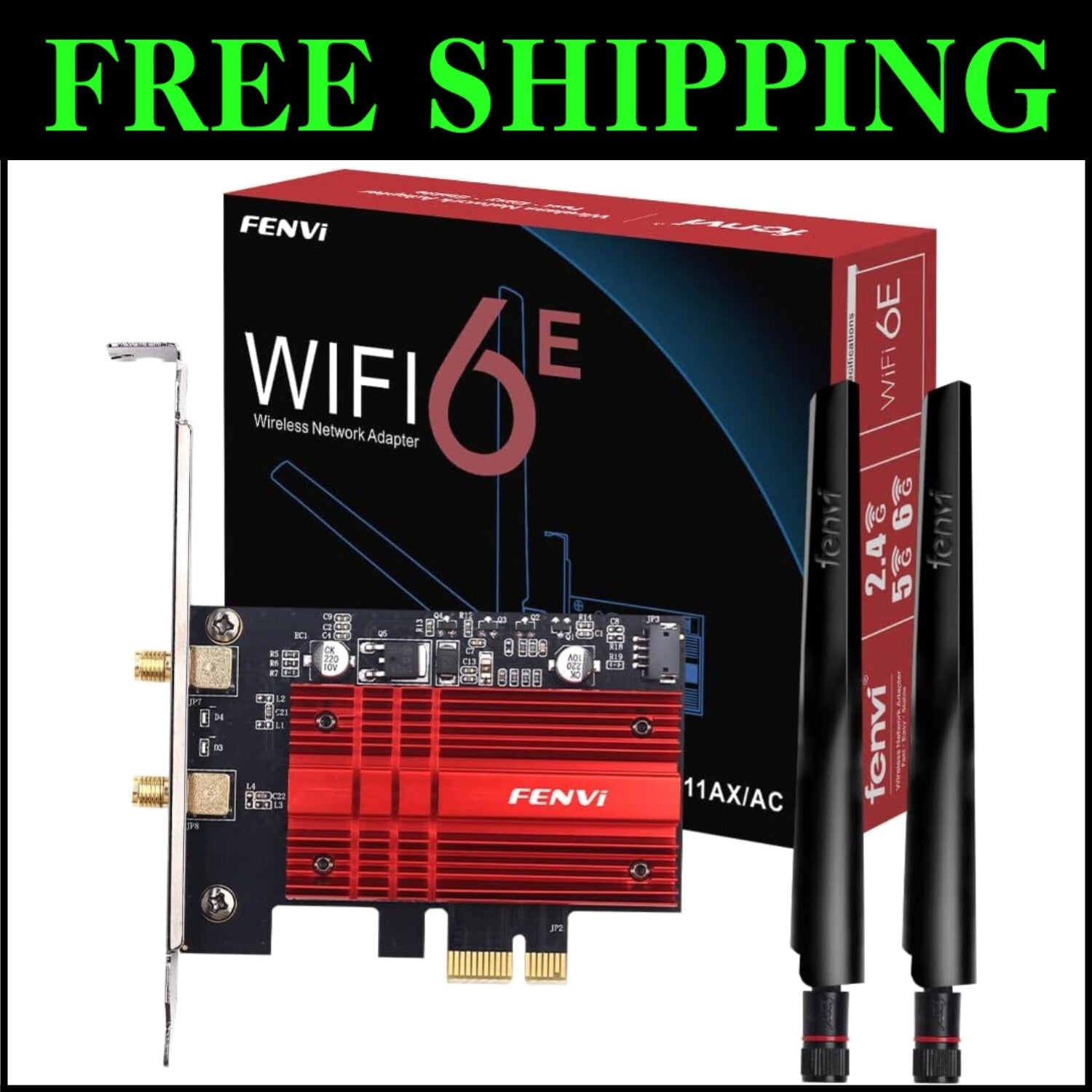 Red & Black Tri-Band WiFi 6E Network Card - 5400 Mbps PCI-E with Bluetooth 5.3