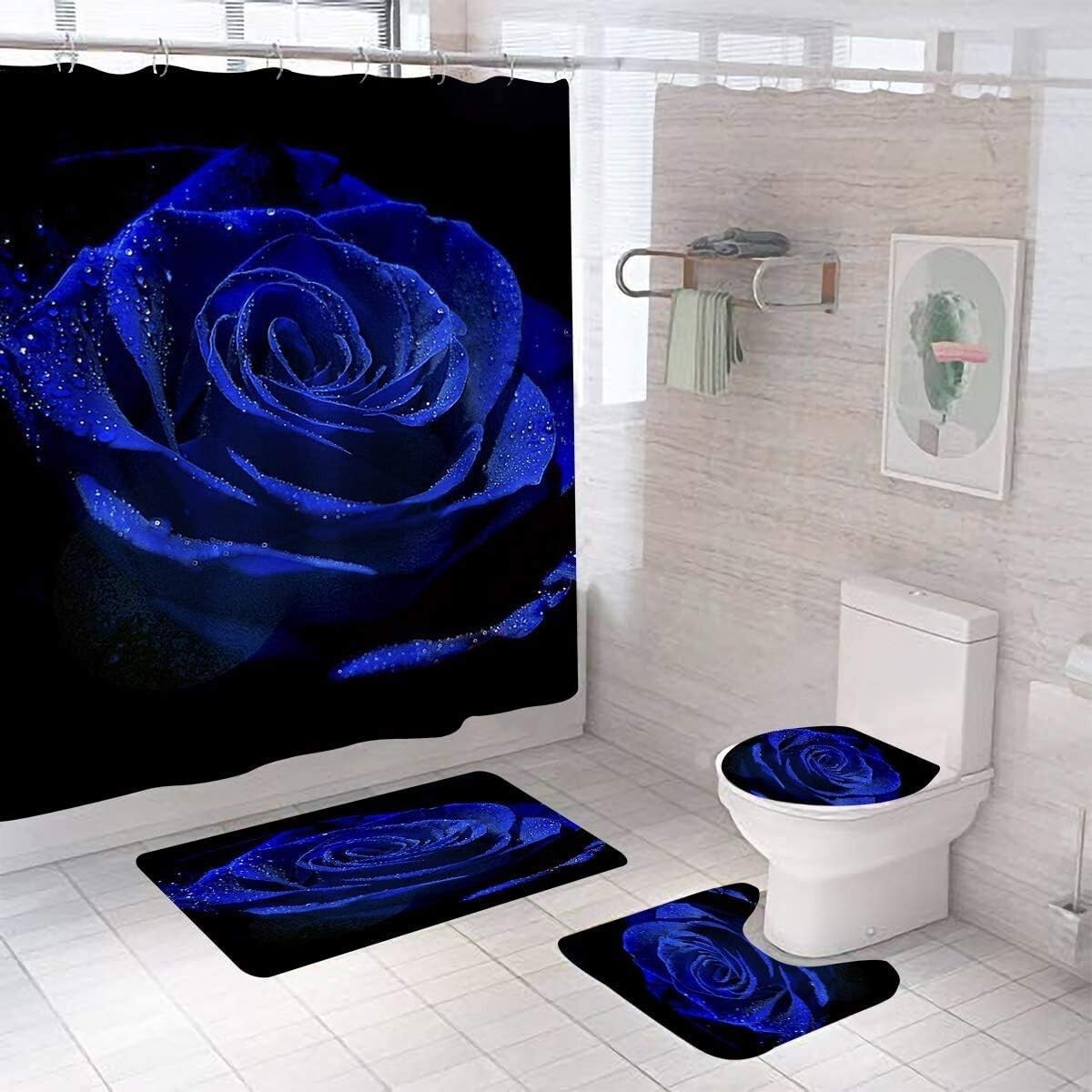 Elegant 4-Piece Floral Shower Curtain Set with Non-Slip Bath Mats - Blue