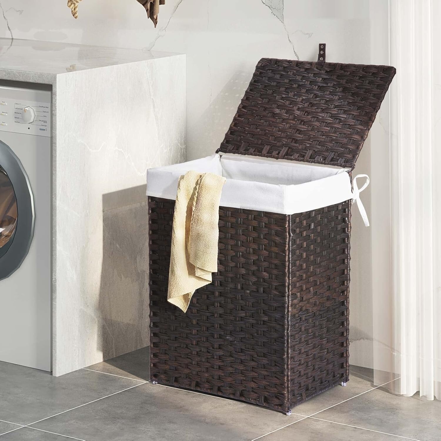 Chic Brown Laundry Basket with Lid & 2 Washable Bags - 90L Stylish Storage