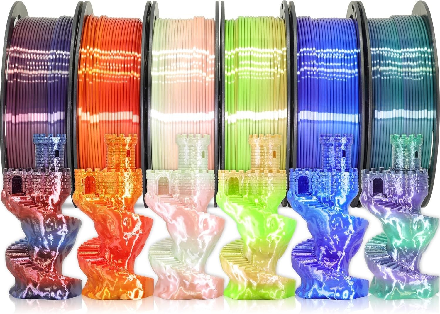 Creative 1.5kg Bundle: 6 Mixed Color Change Silk PLA Filaments for 3D Printing