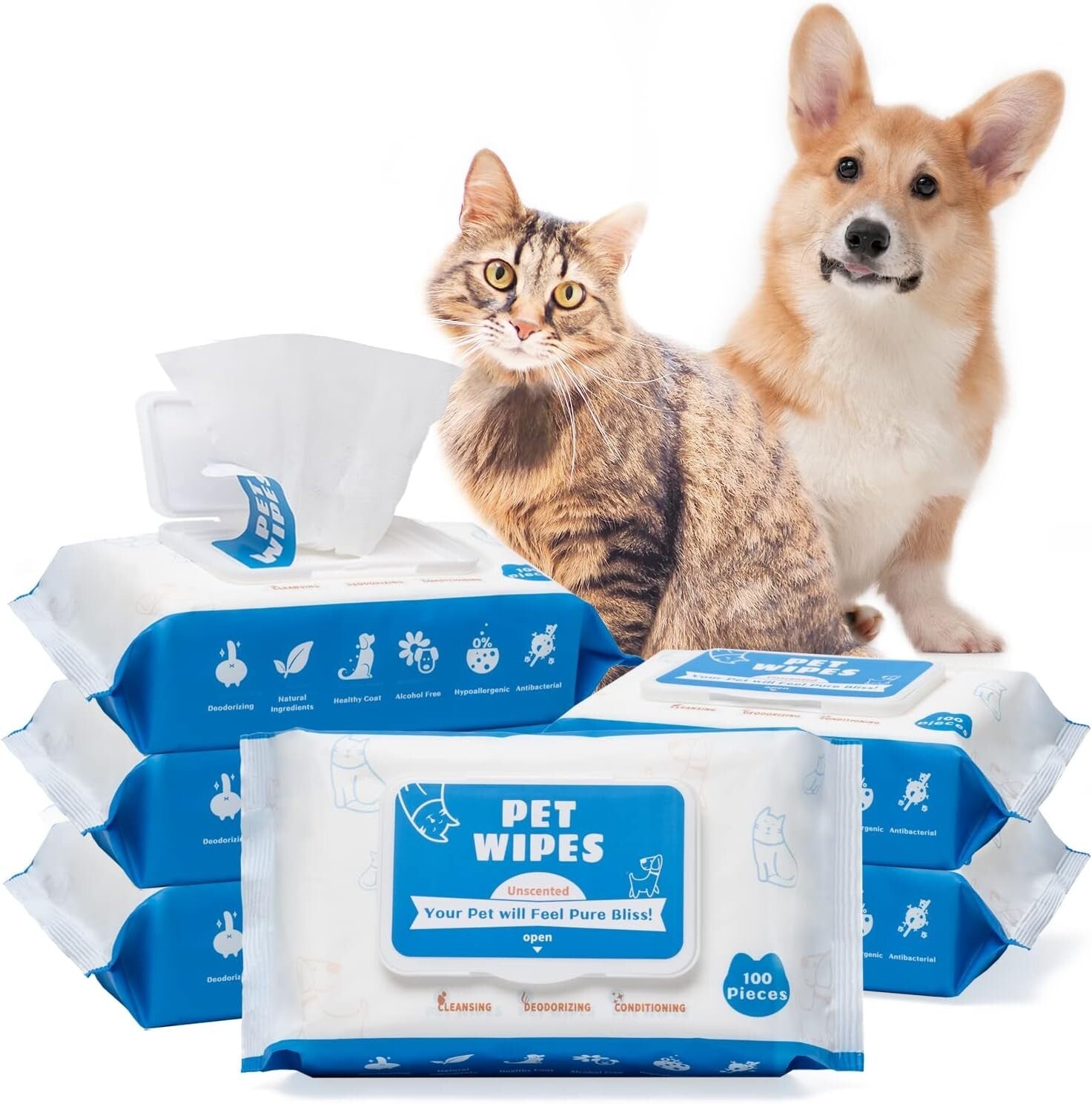 Natural Moist Dog Wipes with Vitamin E - 600 Unscented Grooming Wipes for Pets