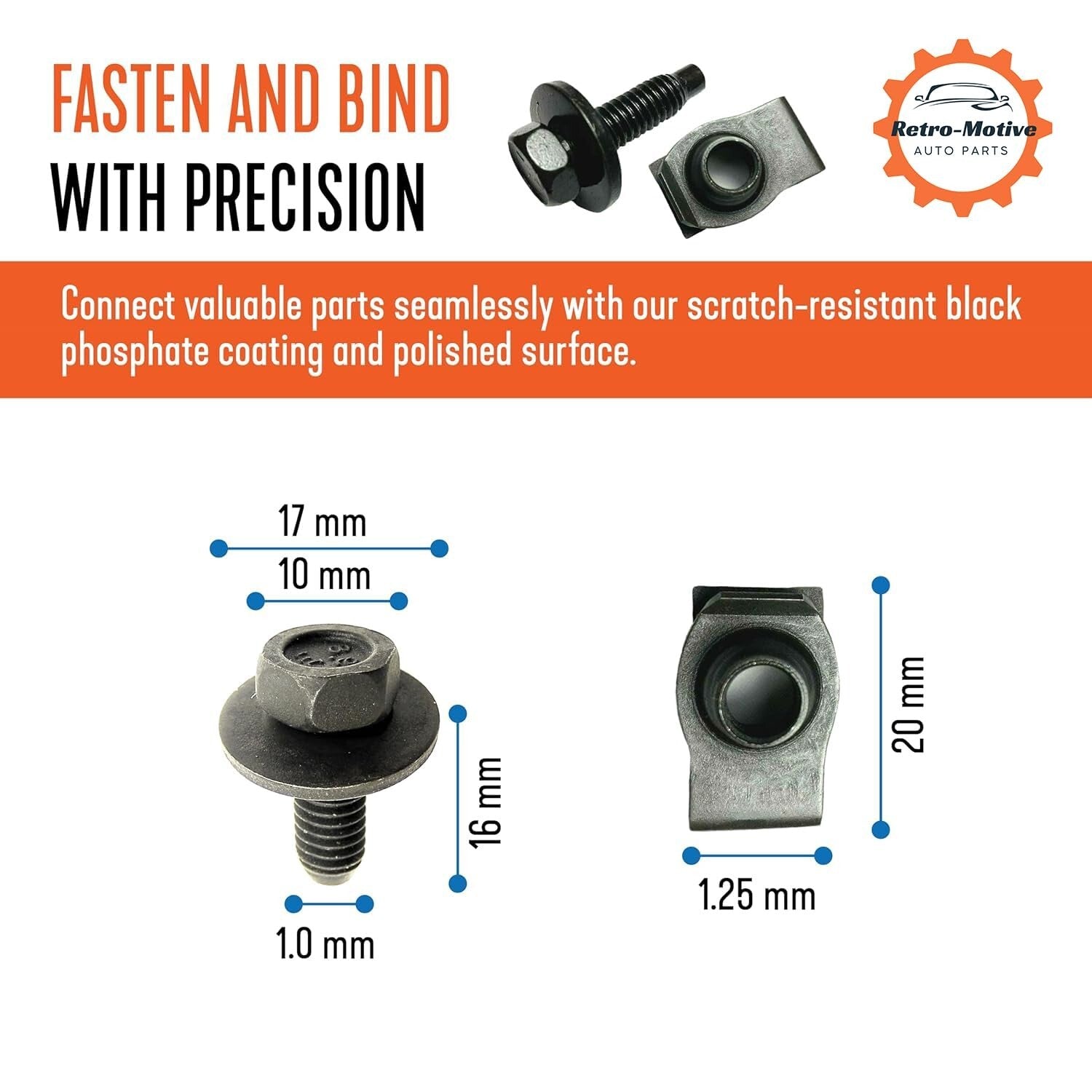 Rust-Resistant Body Bolts & U-Nut Clips - Black Phosphate, 1/4-20 x 1, 50 Pieces