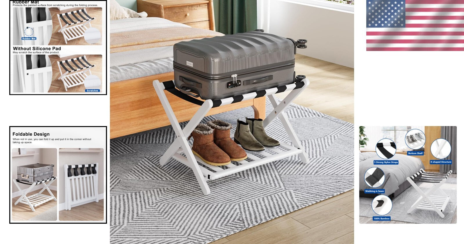 Elegantly Foldable Bamboo Luggage Rack with Upgraded 5 Nylon Straps, 1 Pc