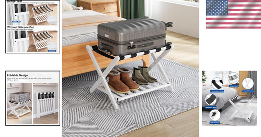 Elegantly Foldable Bamboo Luggage Rack with Upgraded 5 Nylon Straps, 1 Pc