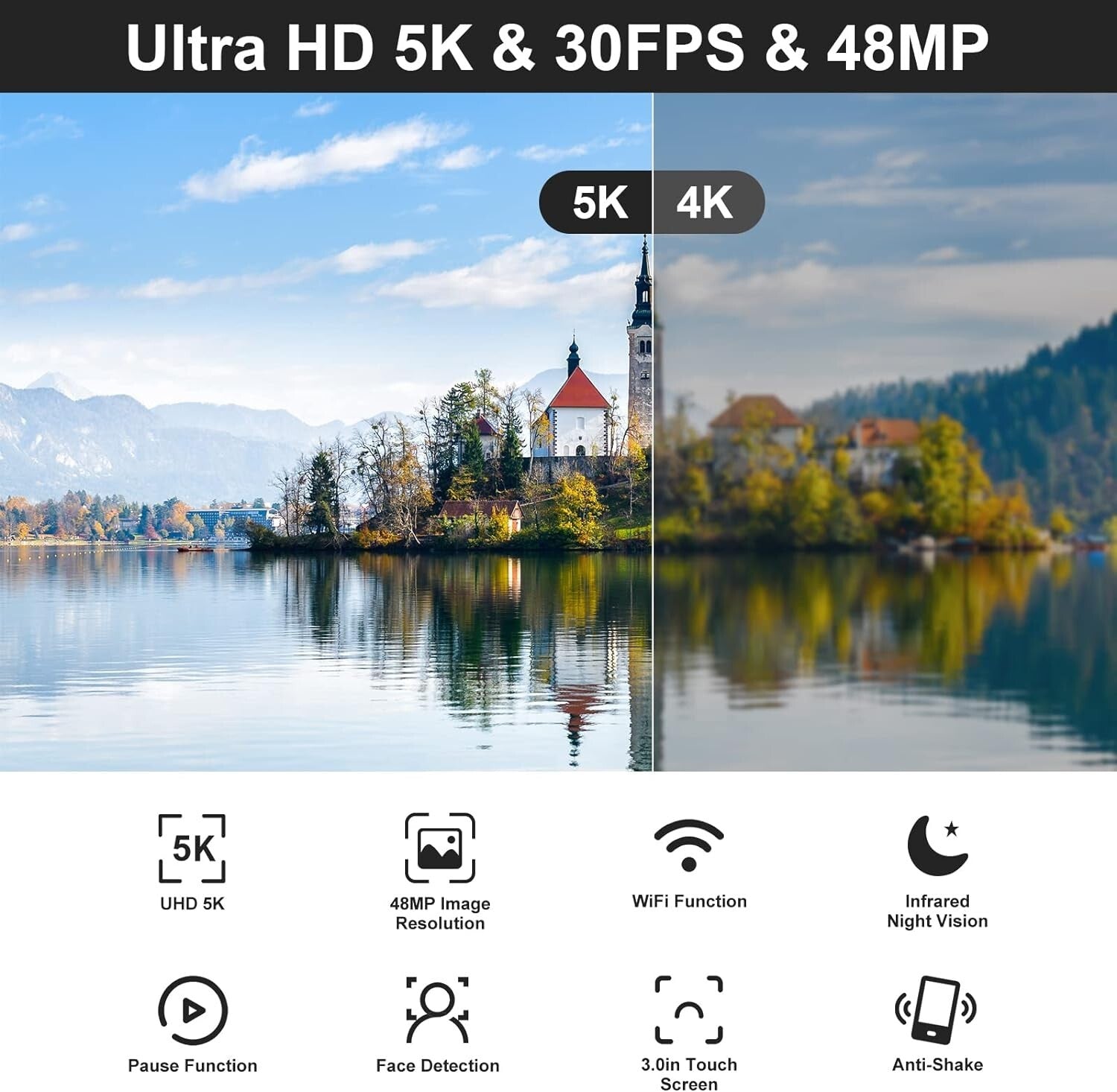 5K Video Camera with 48MP Resolution & Night Vision for YouTube Vlogging