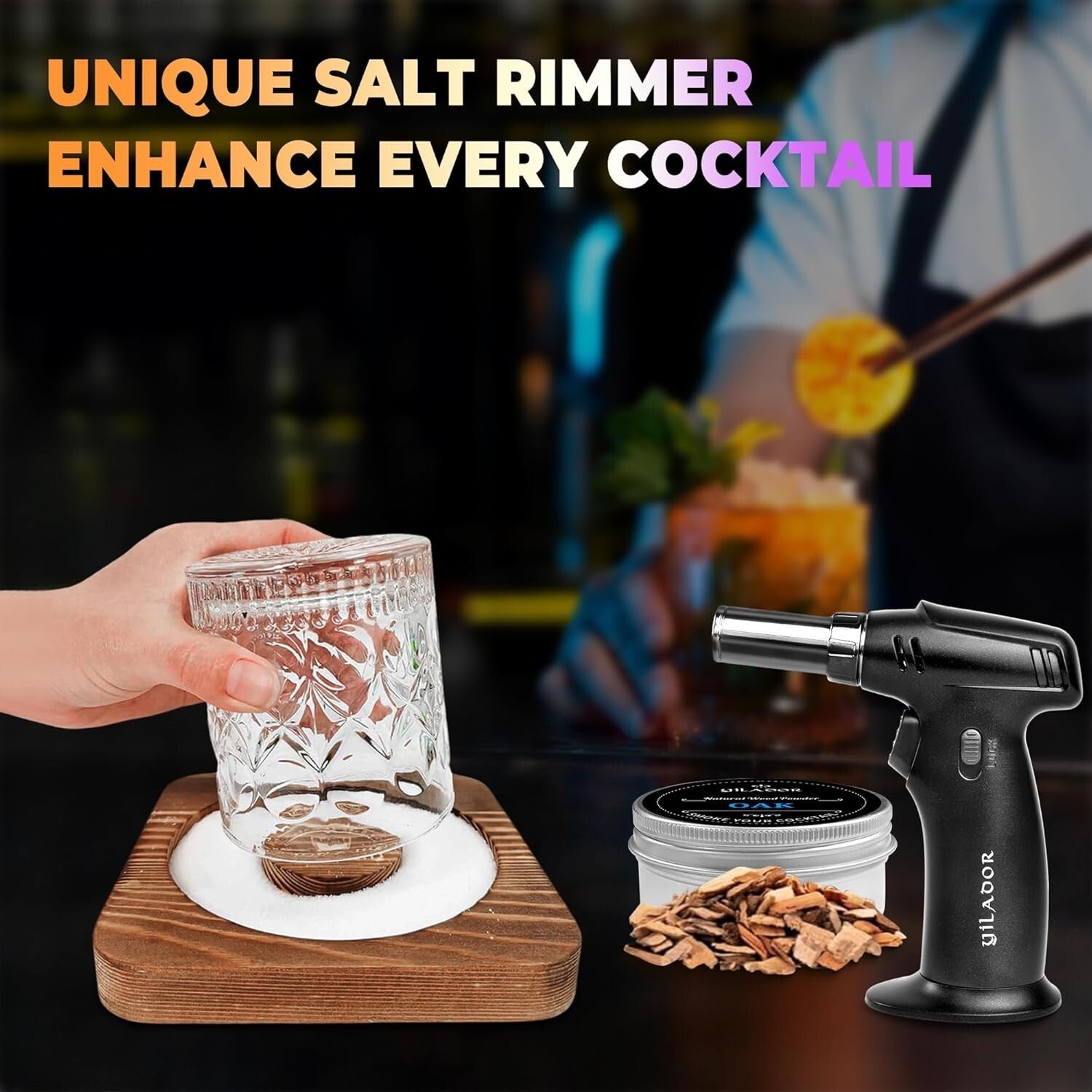 Premium Whiskeys Smoker Kit with Salt Rimmer in Elegant Wooden Box – Ideal Gift