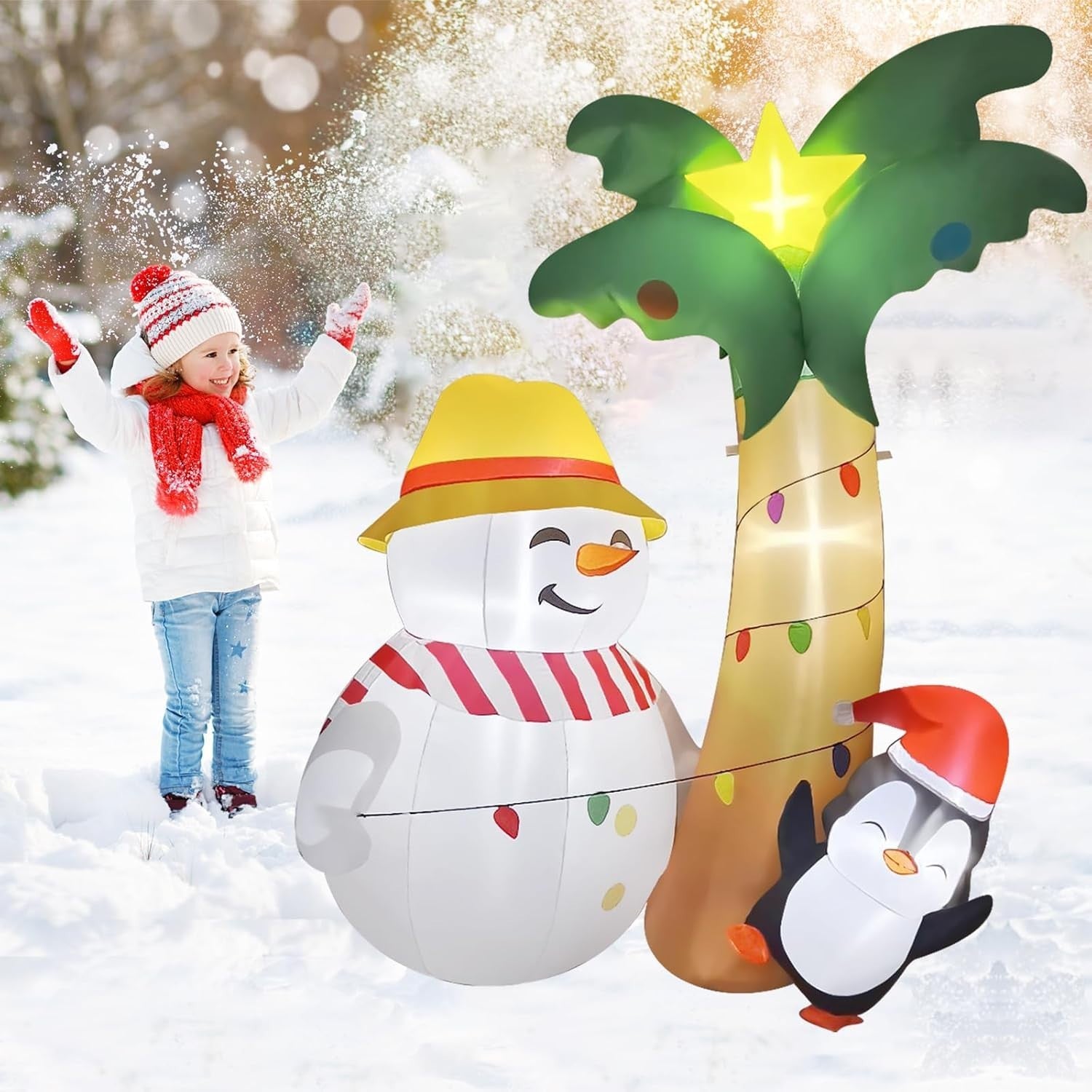 7FT Inflatable Hawaiian Palm Tree with Snowman & Penguin - Christmas Décor