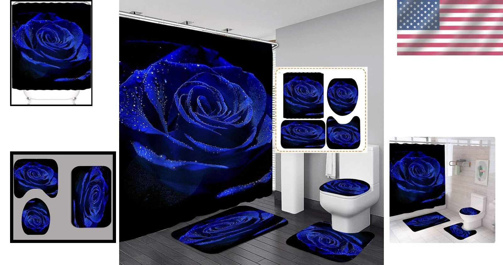 Elegant 4-Piece Floral Shower Curtain Set with Non-Slip Bath Mats - Blue